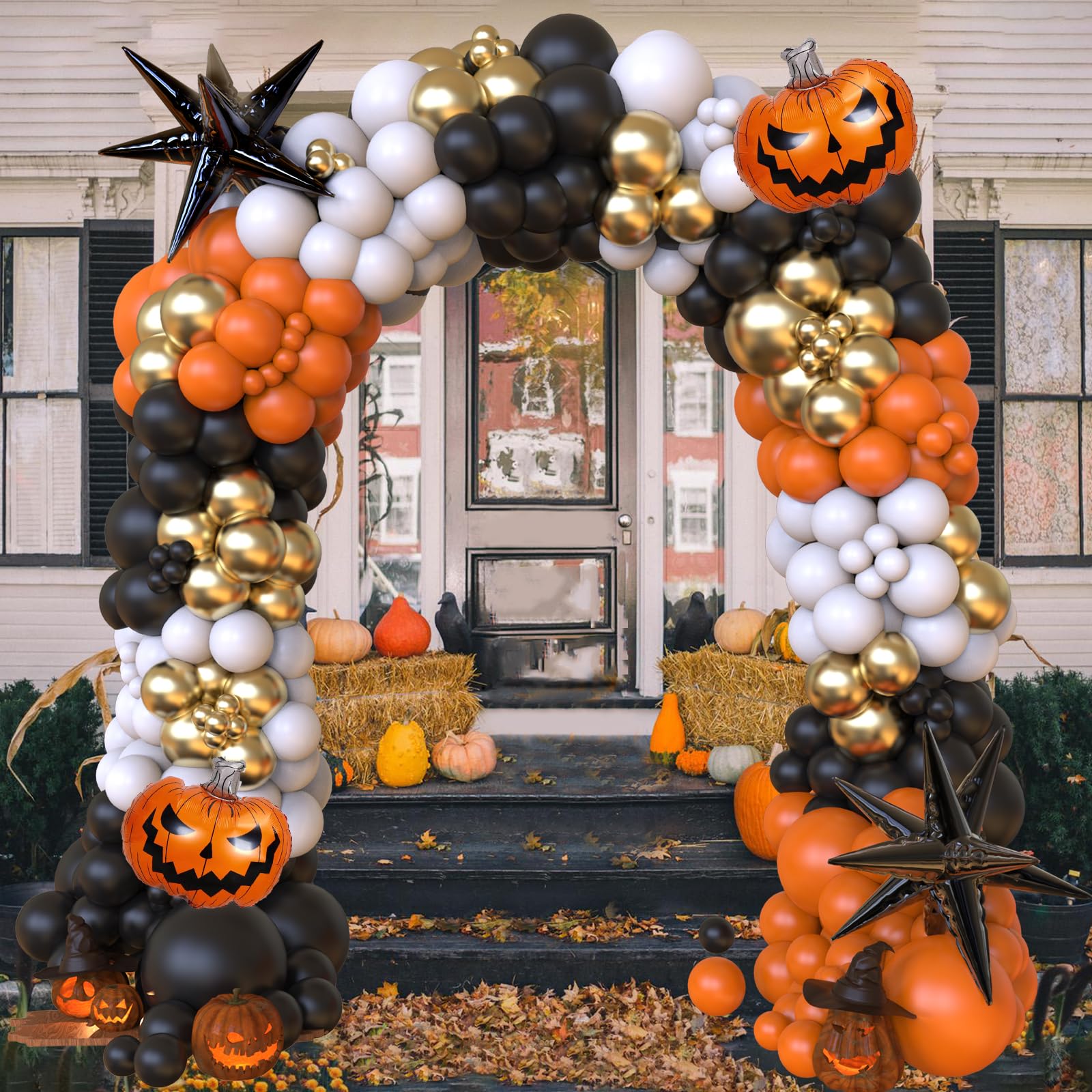 Halloween Balloon Arch Kit – 122 PCS Black, Orange, Sand & White Party Garland Set with Pumpkins & Starburst Balloons