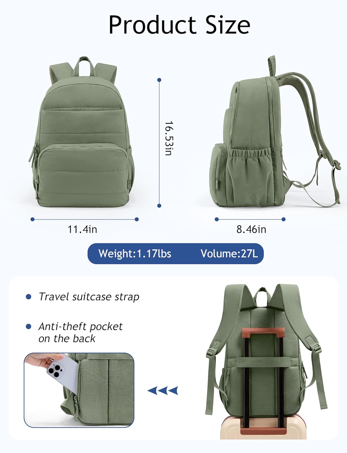 Sage Green Quilted School Backpack with Laptop Sleeve