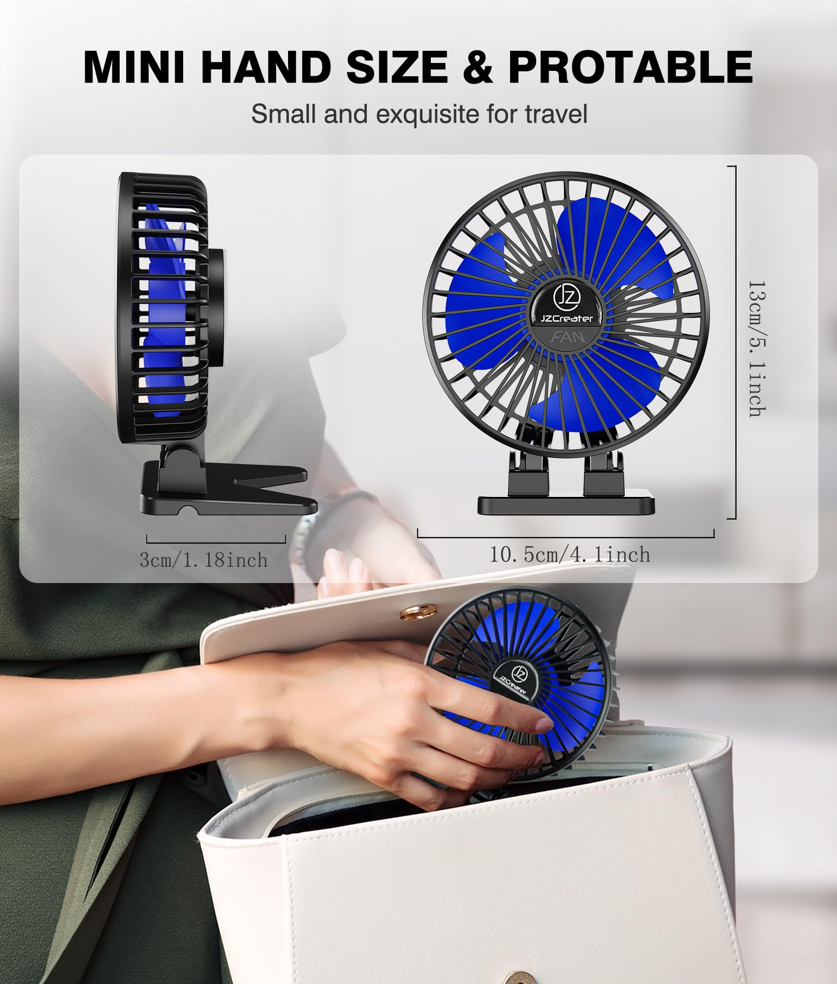 JZCreater Mini USB Desk Fan Portable 3 Speed Quiet Personal Cooling Fan for Office Home Travel Black Blue