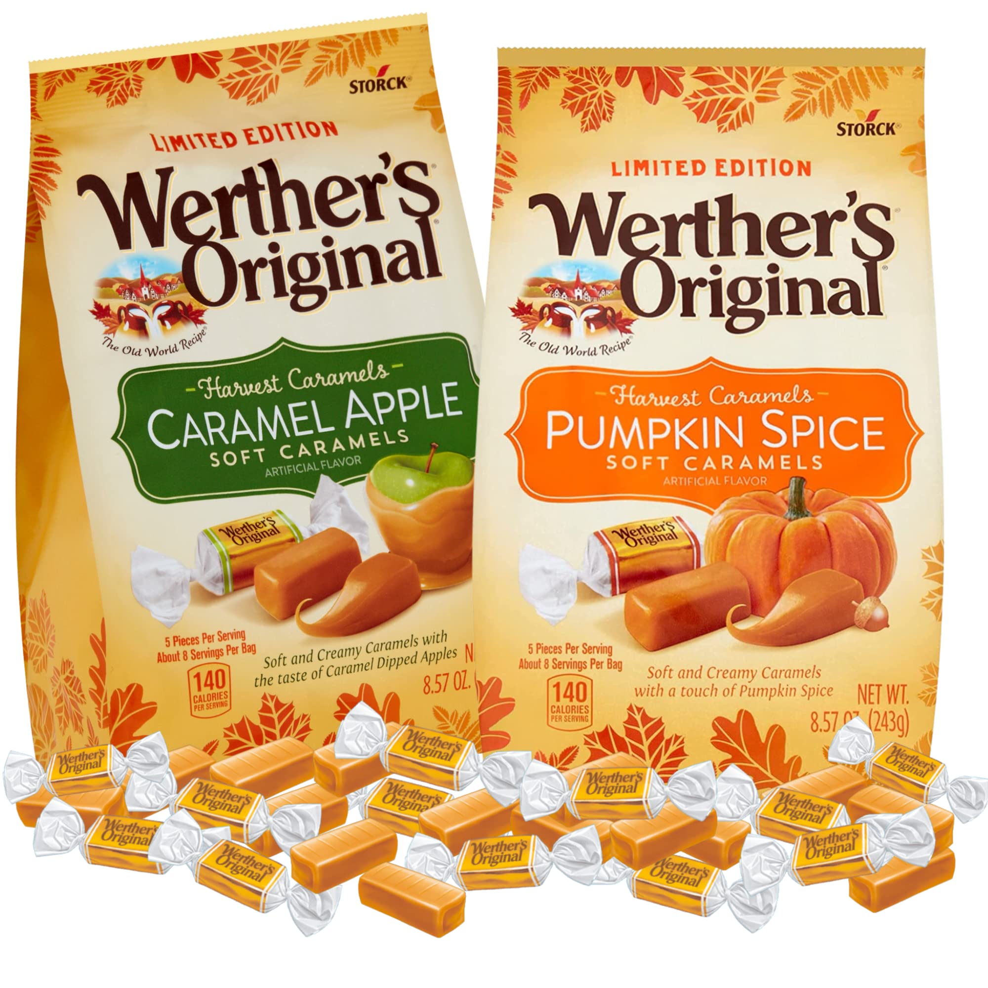Werther’s Limited Edition Fall 2025 Soft Caramels – 2-Pack (Caramel Apple & Pumpkin Spice, 8.57oz Each) – Individually Wrapped Gourmet Candies