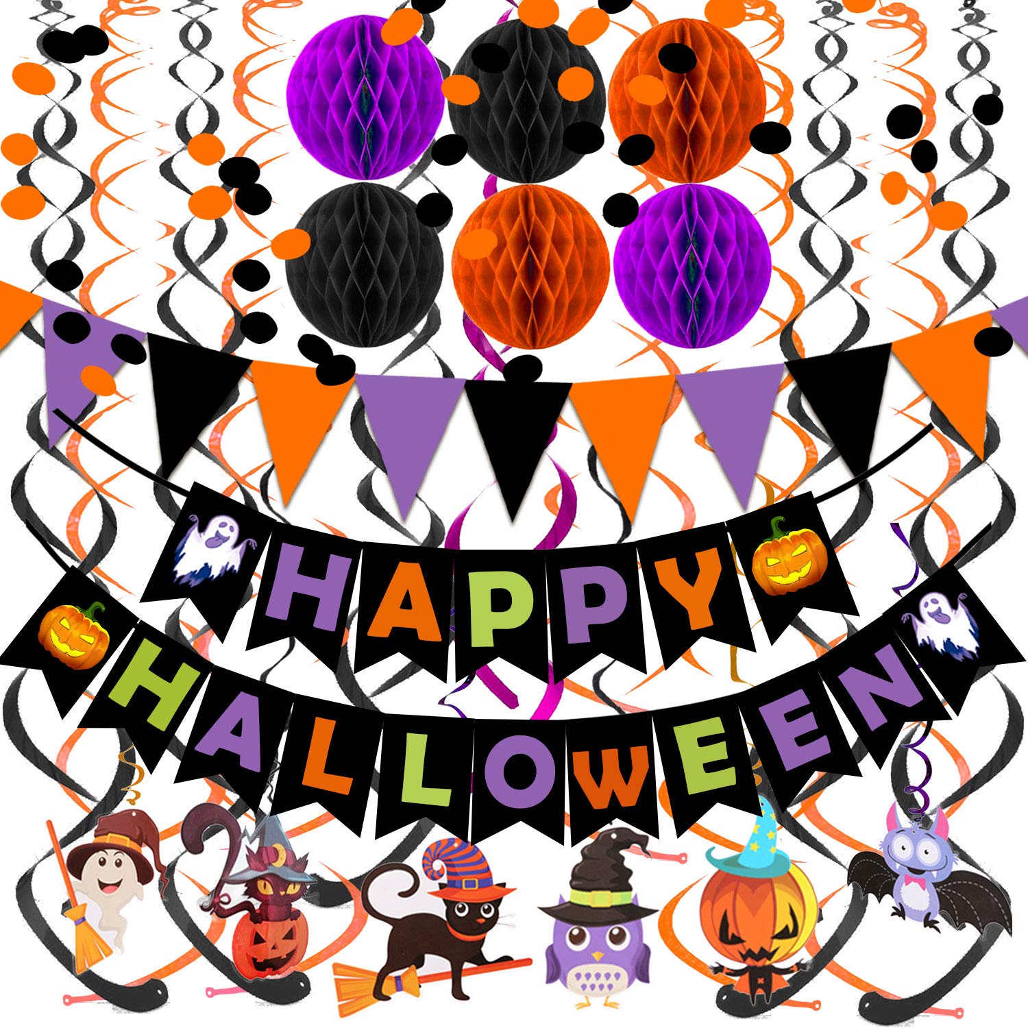 Halloween Party Decoration Set – Black, Orange & Purple Paper Banner Kit with Honeycomb Balls, Swirls & Garland