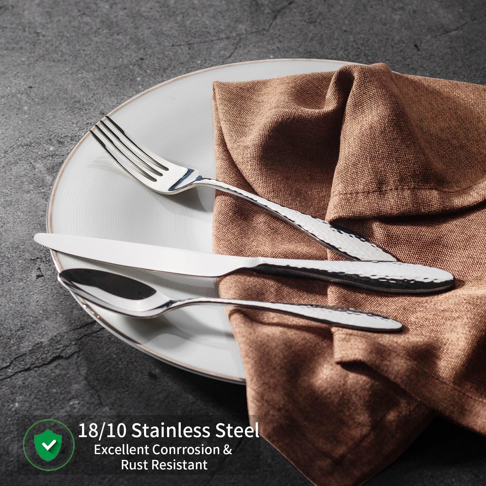 40-Piece Hammered Stainless Steel Flatware Set for 8 – 18/10 Cutlery, Mirror Finish (Silver)