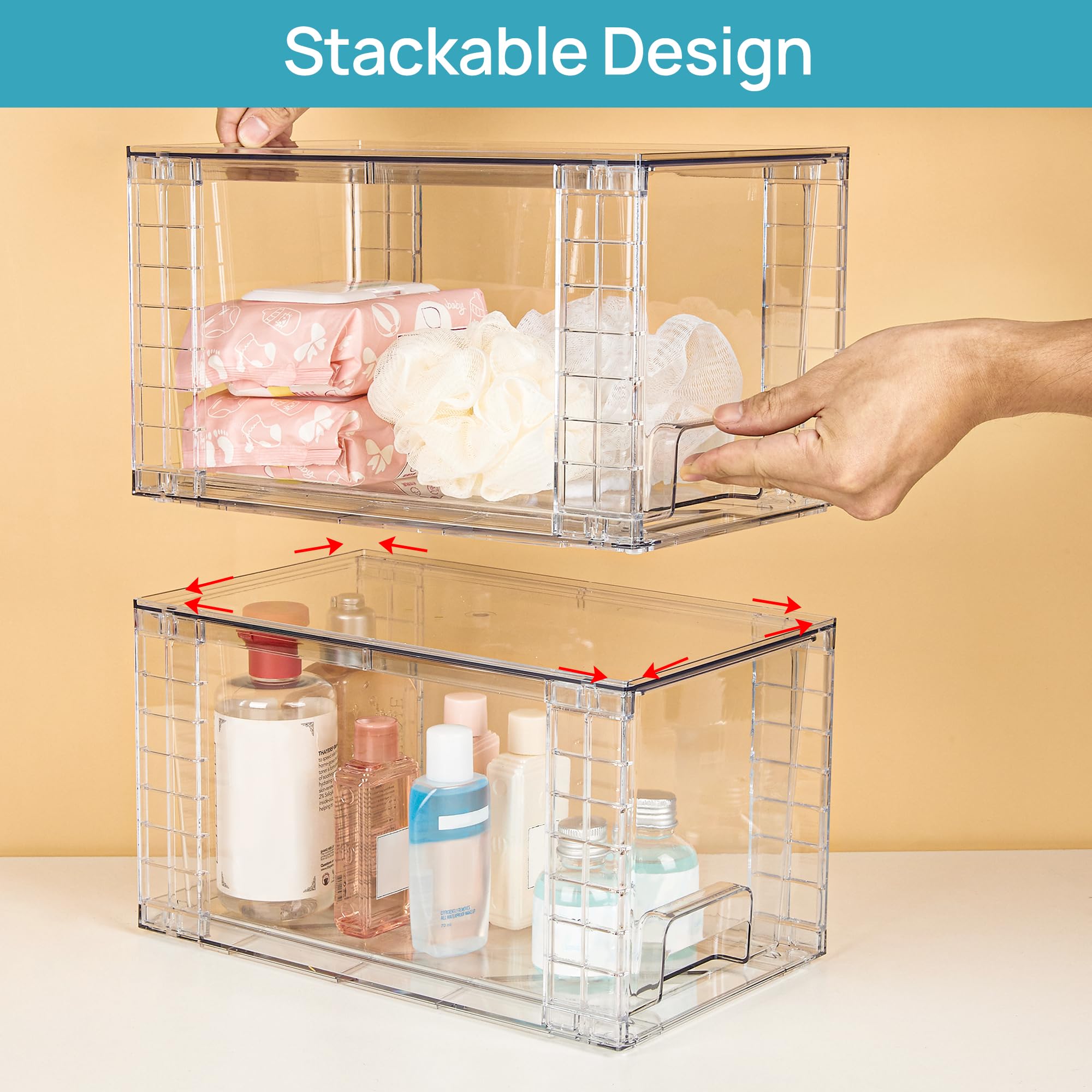 Clear Stackable Acrylic Drawer Organizer (4-Pack) – Pull-Out Storage Bins for Pantry, Bathroom & Cabinets