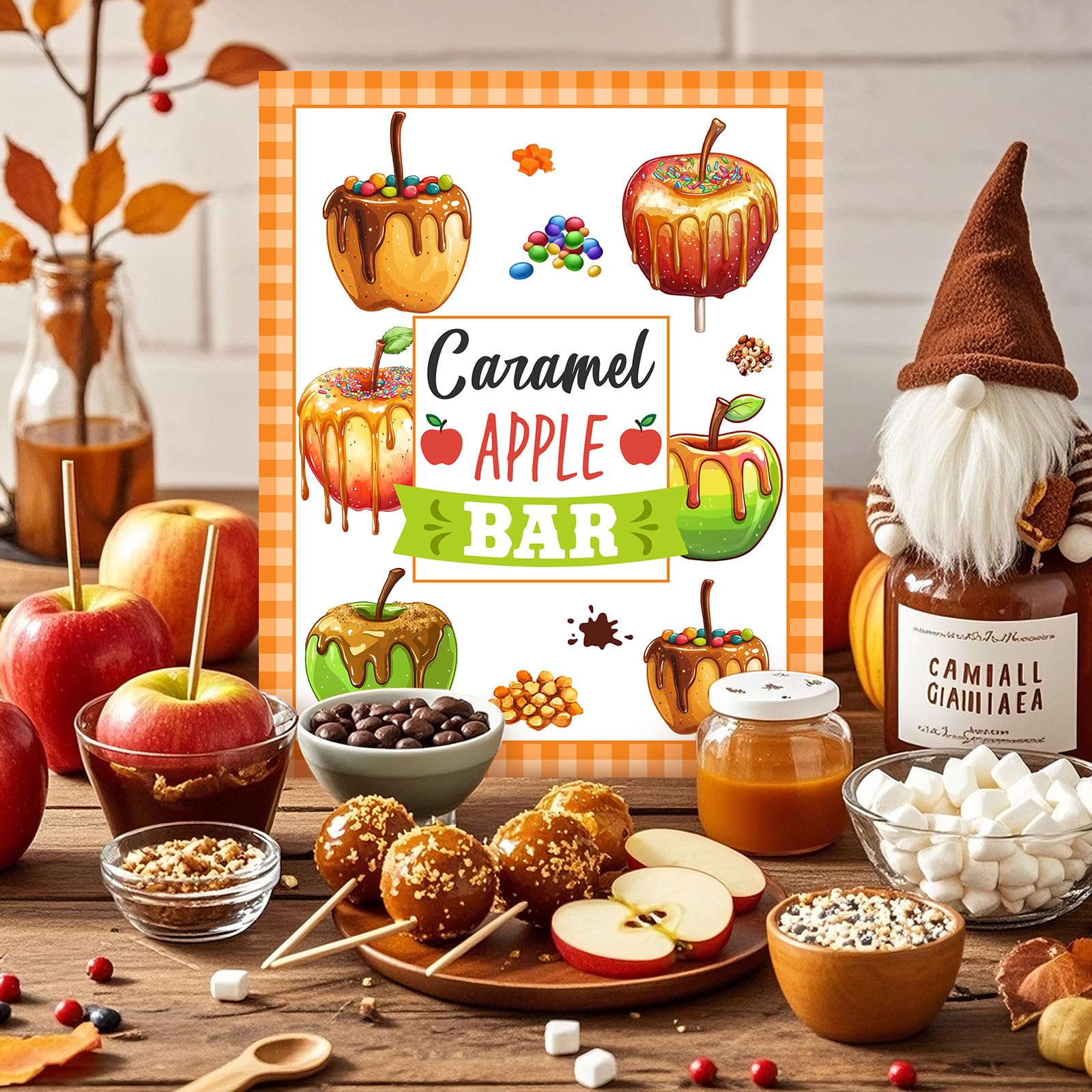 Caramel Apple Bar Decoration Kit – 14-Piece Fall Dessert Table Set with Standee & 12 Tent Cards (Orange Plaid Design)