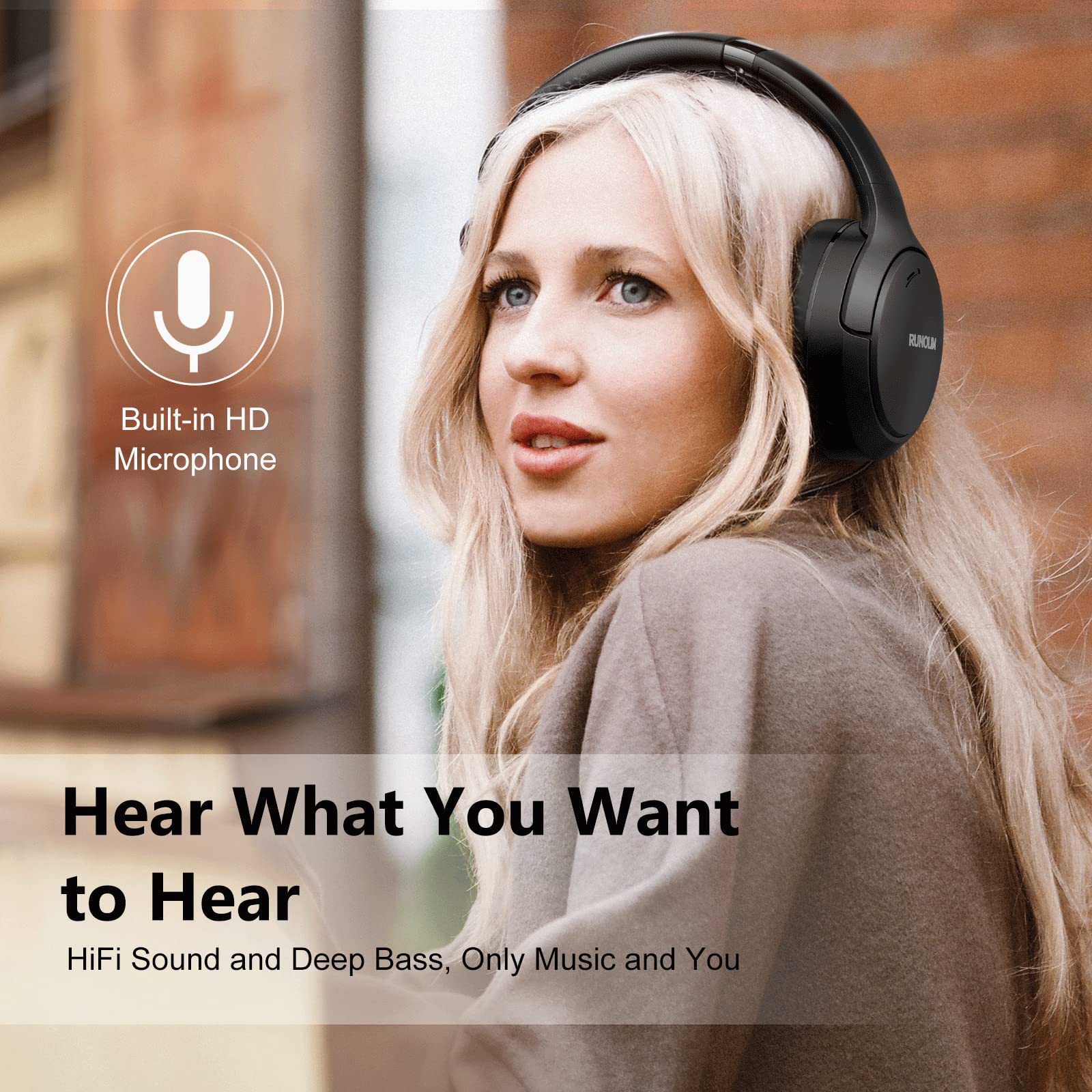 RUNOLIM Active Noise Cancelling Wireless Headphones with 70H Playtime & Hi-Fi Sound – Foldable Bluetooth Over-Ear Headset Black