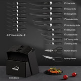 21-Piece Elegant Black Knife Block Set with Built-In Sharpener – Precision German Steel