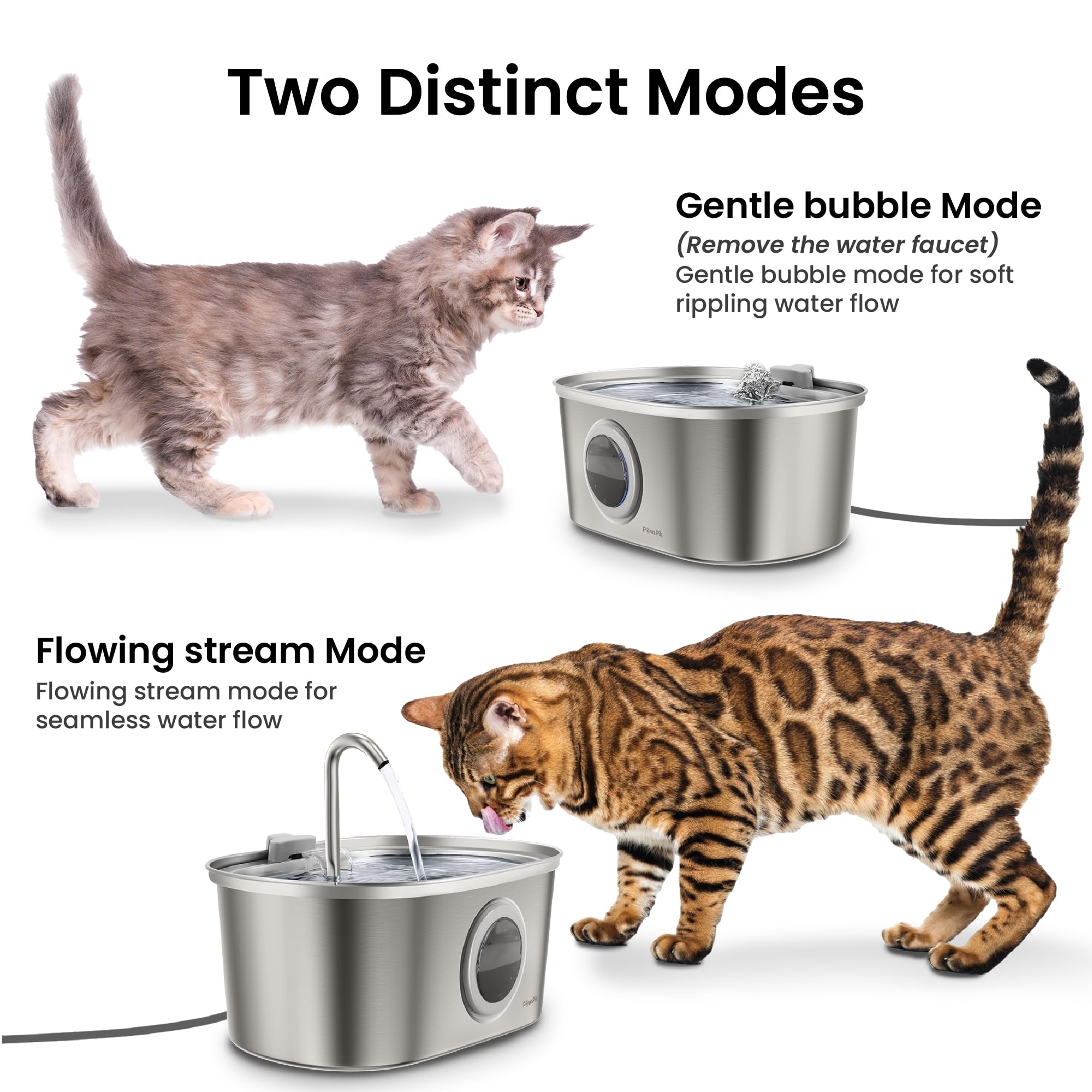 PawsPik 18/8 Stainless Steel Cat Water Fountain 13.5 Cups – Ultra Quiet Filtered Drinking System
