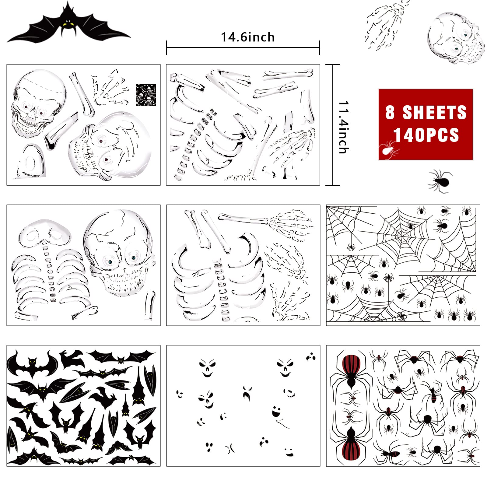 Double-Sided Halloween Window Clings – 8 Reusable PVC Sheets with Skeletons, Ghosts & Pumpkins