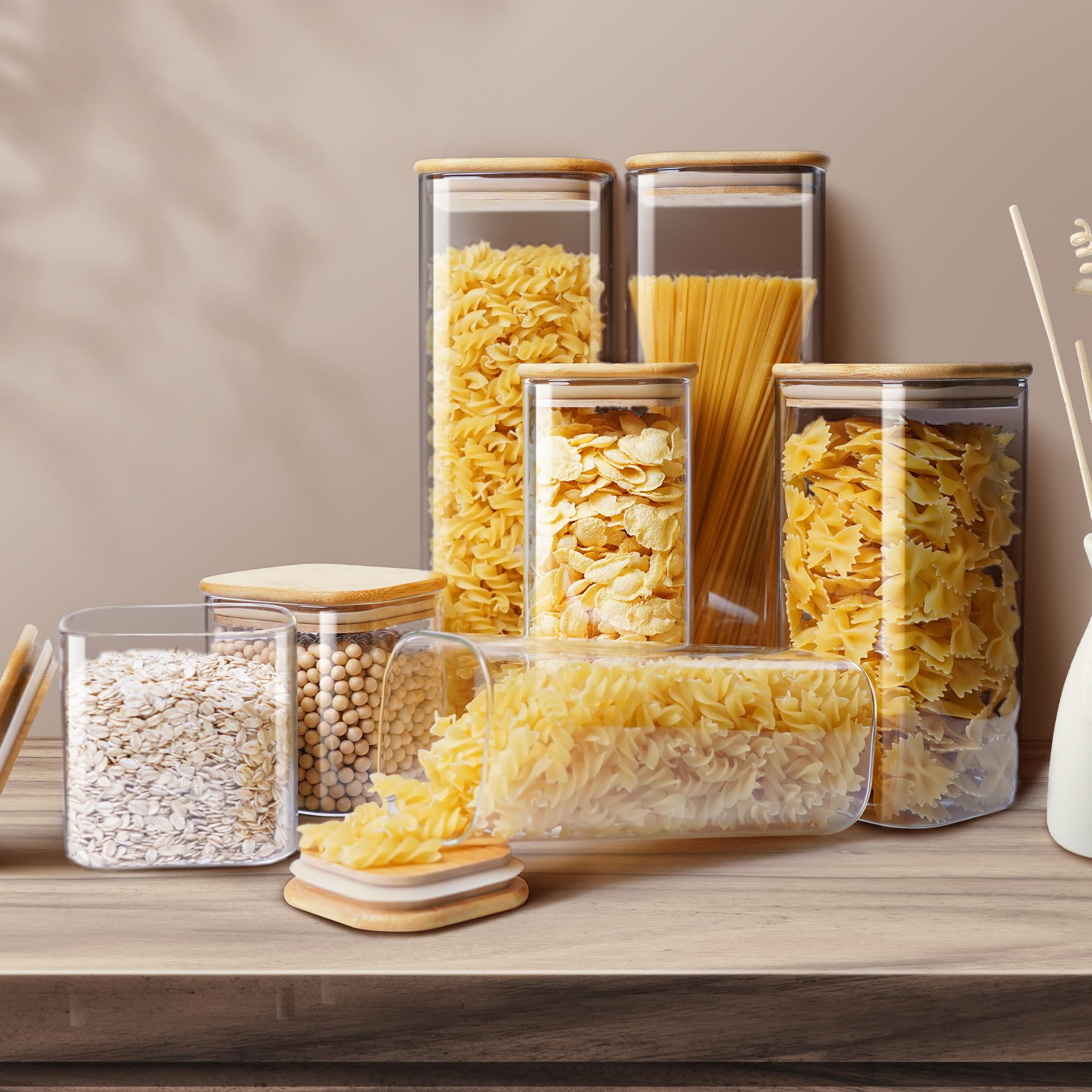 Square Glass Pantry Jars with Bamboo Lids – 5-Piece Borosilicate Storage Set (Multi Size)