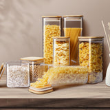Square Glass Pantry Jars with Bamboo Lids – 5-Piece Borosilicate Storage Set (Multi Size)