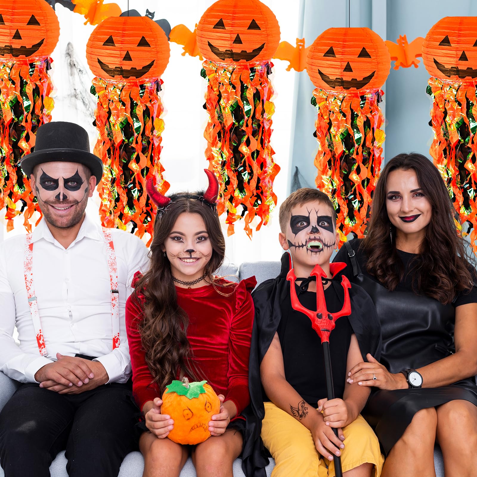 Halloween Pumpkin Paper Lantern Set – 5 Pack Orange & Black Hanging Party Decorations with Tassel Ribbons (Jellyfish Design)