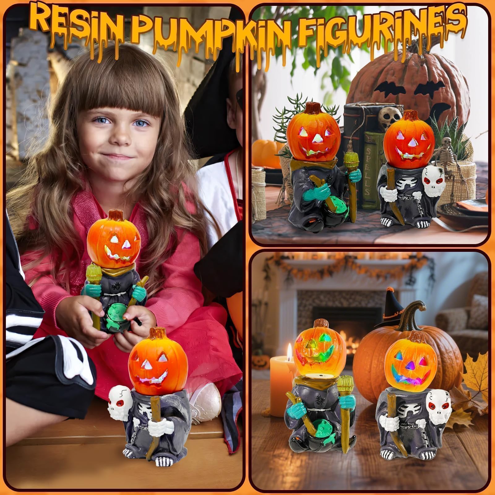 Vintage Halloween Resin Pumpkin Set – Hand-Painted Skeleton & Witch Figurines with Glow Base (Multicolor, 2-Pack)