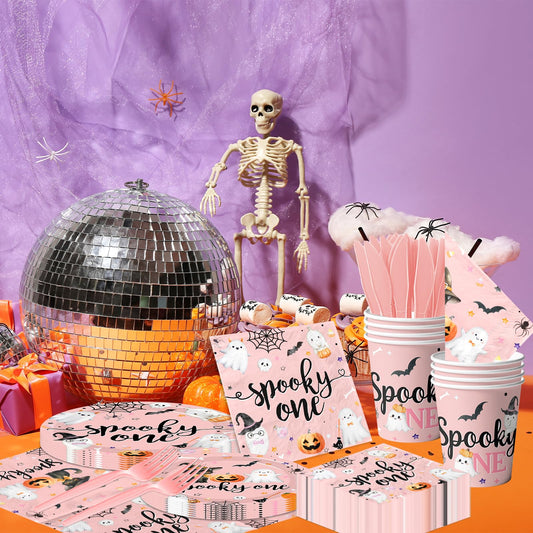 Halloween “Spooky One” 1st Birthday Party Tableware Set – Plates, Cups, Napkins, Cutlery (144 PCS)
