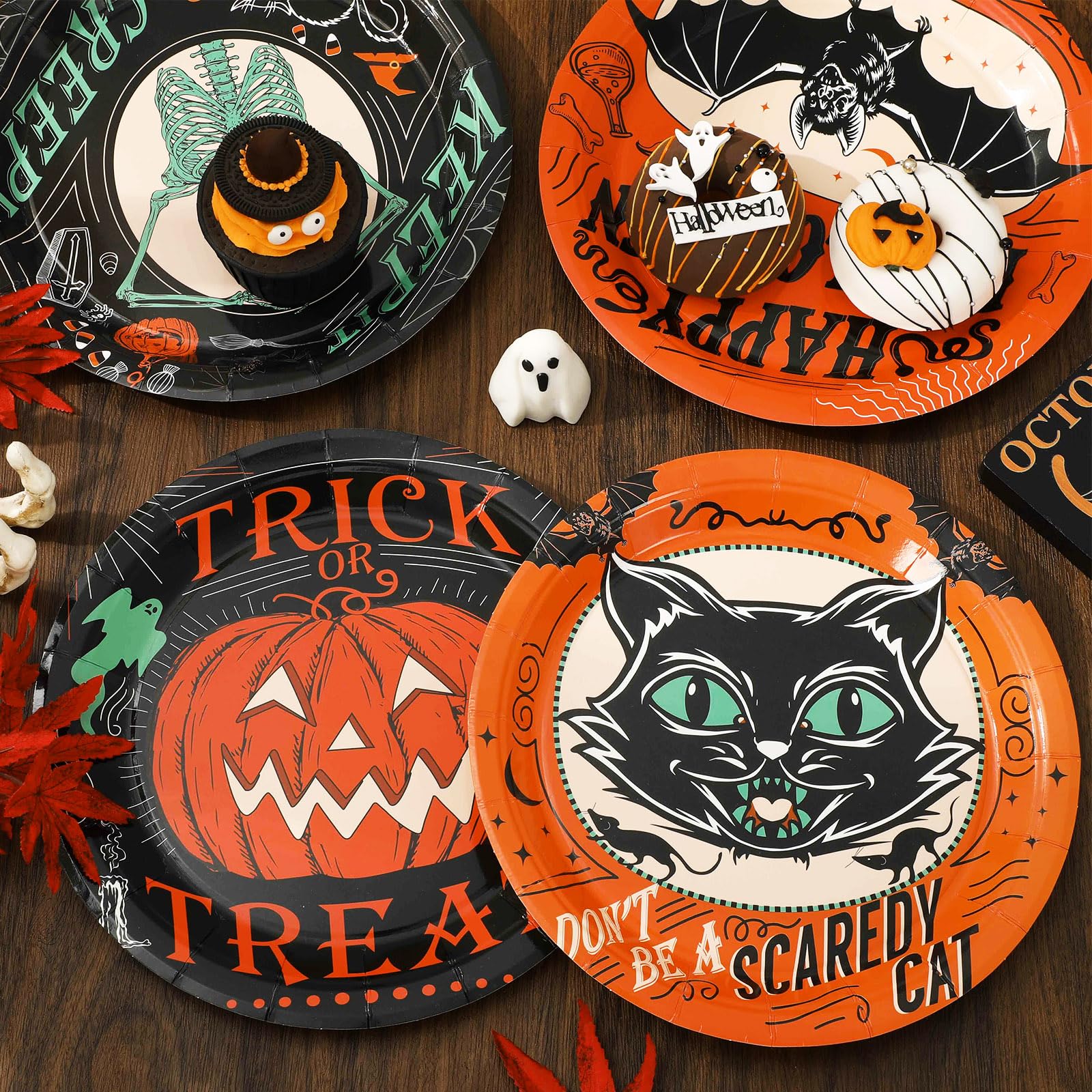 Halloween Vintage Plates – 40 Pcs Disposable 9" Paper Plates with Pumpkin, Cat, Bat & Skeleton Designs for Spooky Parties