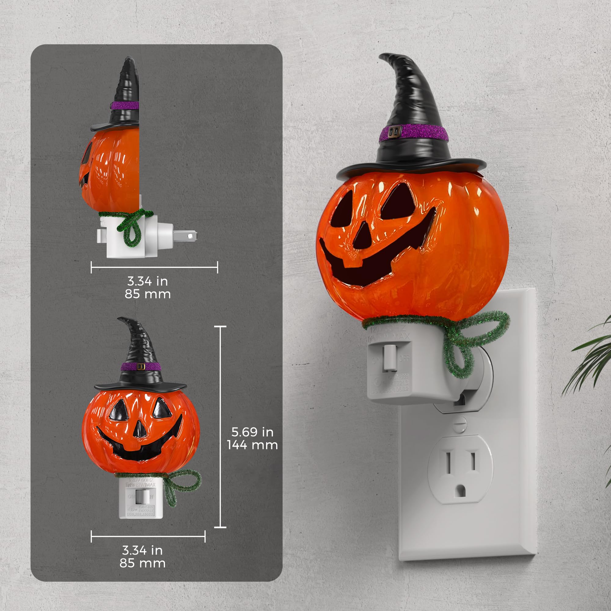 Pumpkin Witch Hat Plug-In Night Light – UL-Certified 0.8W Amber Glow with 360° Rotatable Plug & Replaceable E12 Bulb (Halloween Indoor Décor)