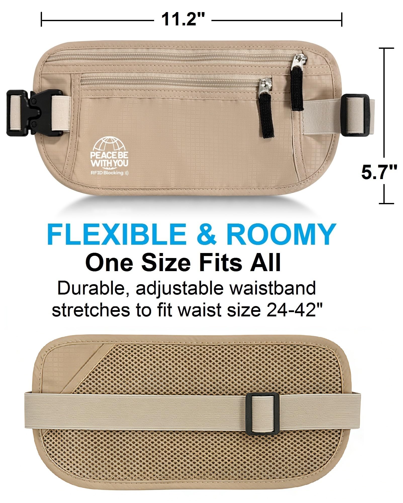 Hidden Travel Money Belt with RFID Blocking – Sweat-Proof Waist Wallet for Secure Storage (Beige)