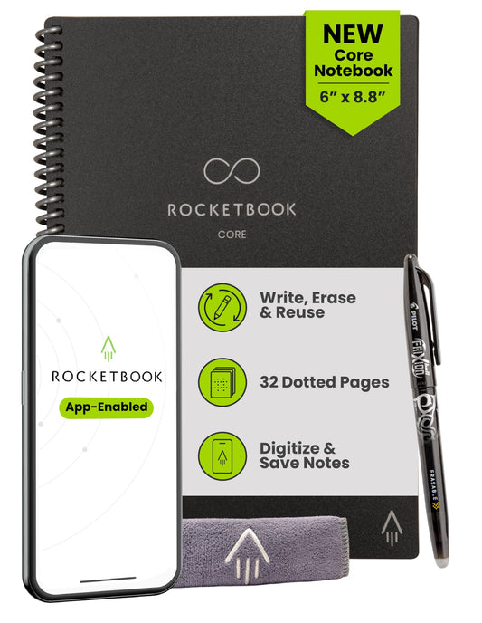 Rocketbook Core Grid Reusable Smart Notebook – Cloud-Connected Graph Layout with Smart Tags (Black)