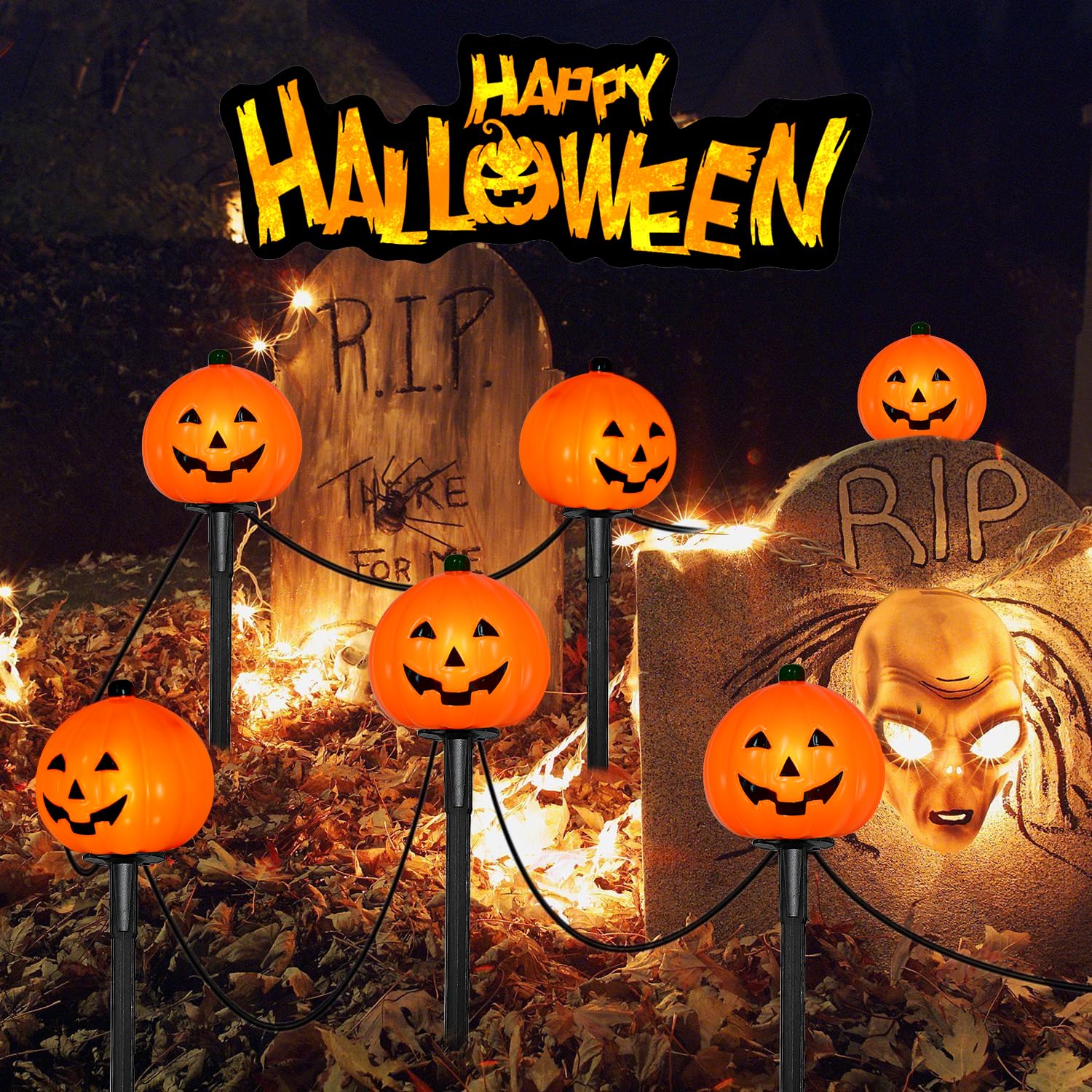 2025 LED Halloween Pumpkin Pathway Lights – 7FT Plug-In Jack-O’-Lantern Yard Stakes, UL Certified & IP44 Waterproof (4-Pack)