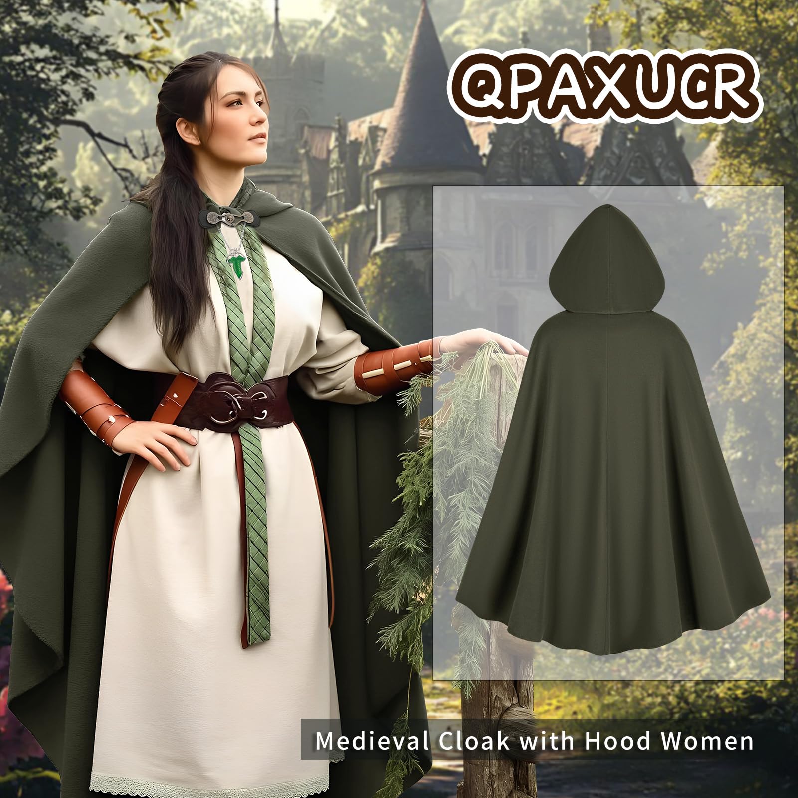 Green Hooded Medieval Cloak – Elf-Inspired Cape with Leaf Brooch & Toggle Closure for Halloween & Cosplay 🍃🧝‍♂️
