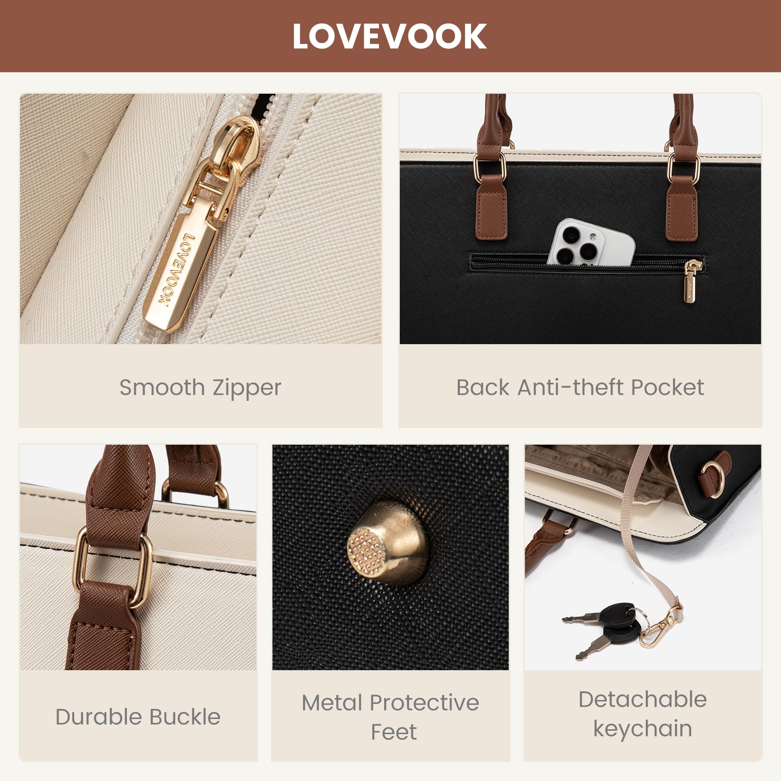 LOVEVOOK Laptop Tote Bag for Women – Waterproof Leather Work Bag with Stanley Cup Holder, 15.6” Laptop Compartment & Shoulder Strap (Black/White/Brown)