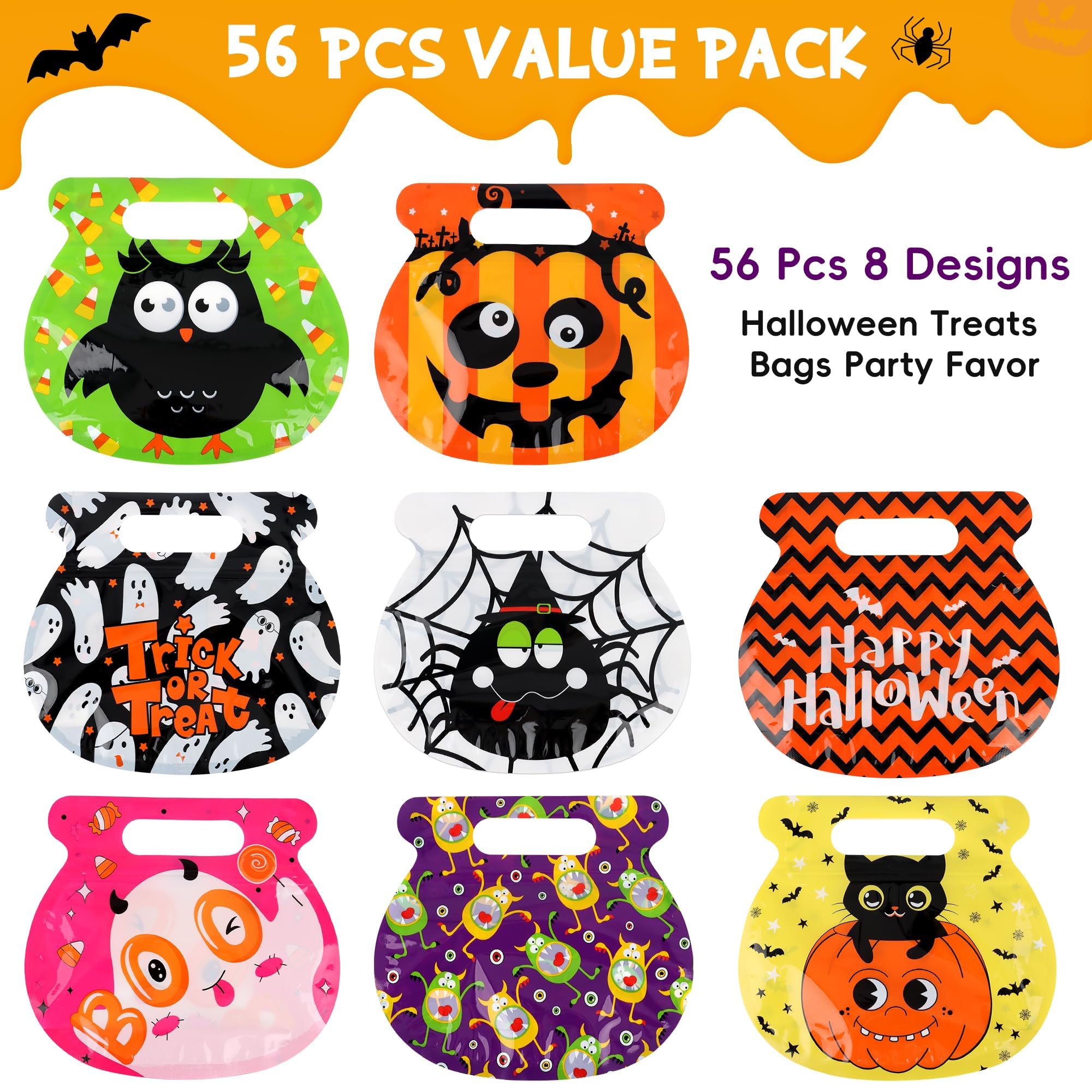 56 PCS Halloween Goodie Bags – Reusable Zip Treat Bags with Handles, 8 Cute Designs for Candy, Snacks & Party Favors