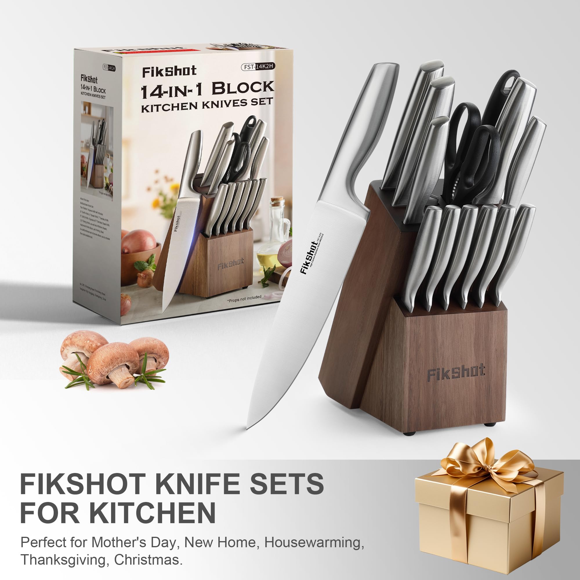 Stainless Steel Kitchen Knife Set with Wooden Block & Built-In Sharpener