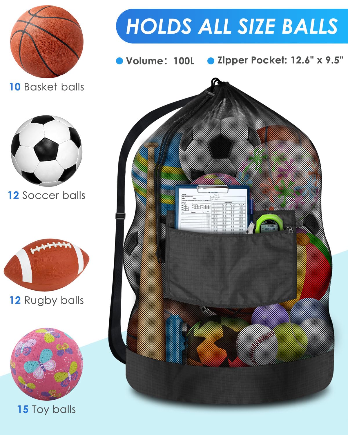 Heavy-Duty Mesh Soccer Ball Net Bag 100L – Large Capacity Drawstring Sports Equipment Storage with Zipper Pocket (Black)