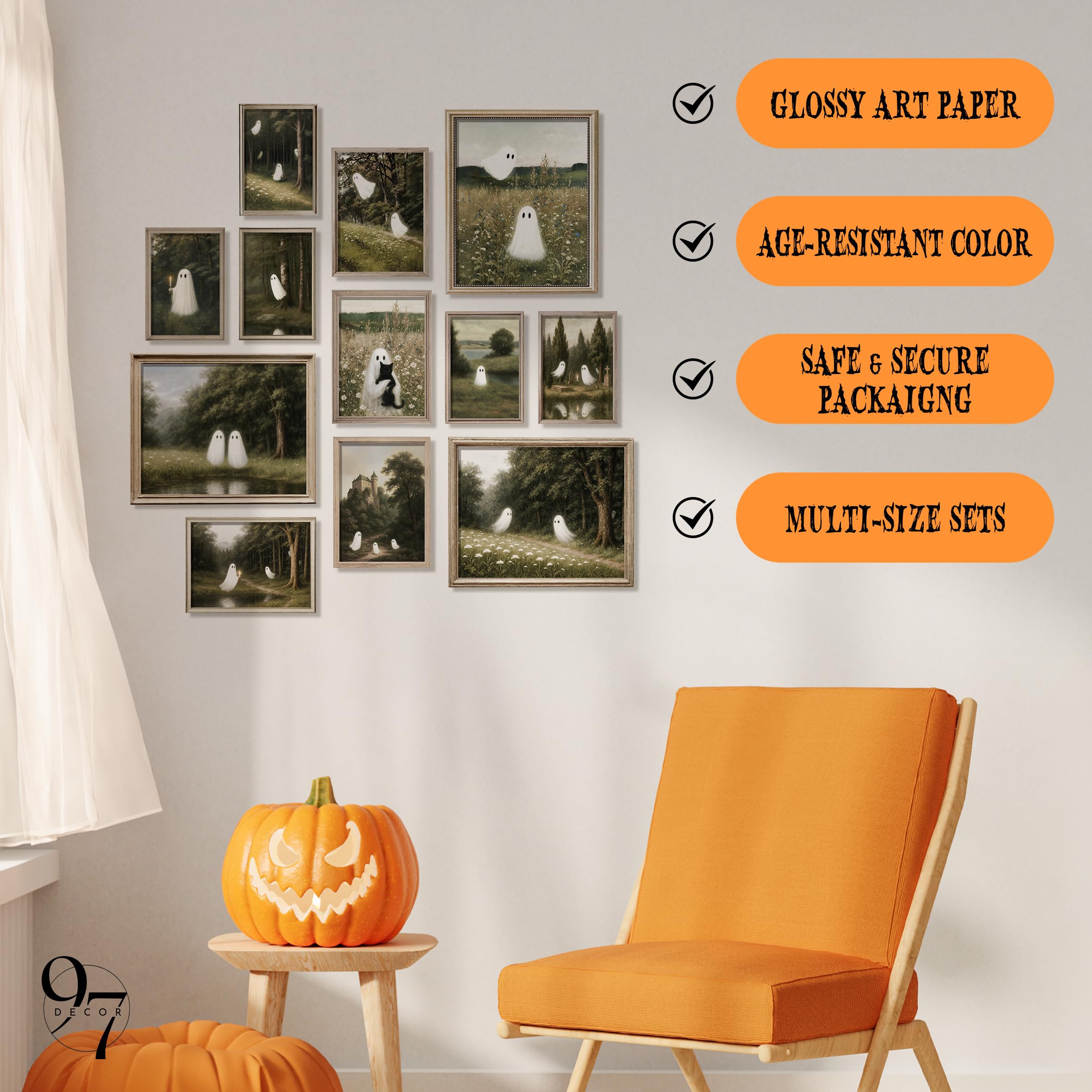 Vintage Ghost Wall Art Set – 12PCS Cute & Spooky Halloween Prints for Aesthetic Home Décor (Unframed)