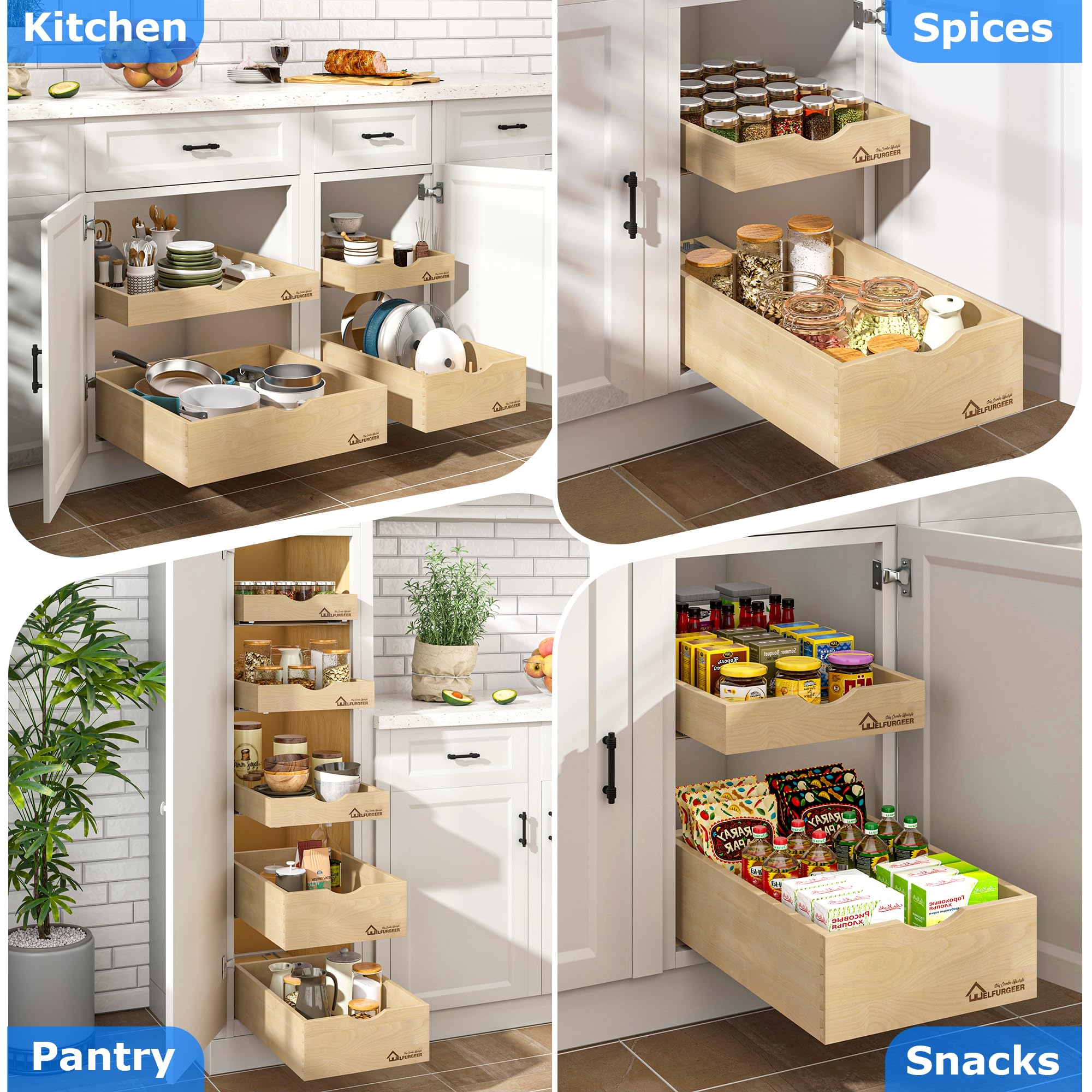 Premium Birchwood Pull-Out Cabinet Drawer with Soft-Close Slides – Heavy-Duty Slide-Out Shelf for Kitchen Cabinets (14” W x 21” D)