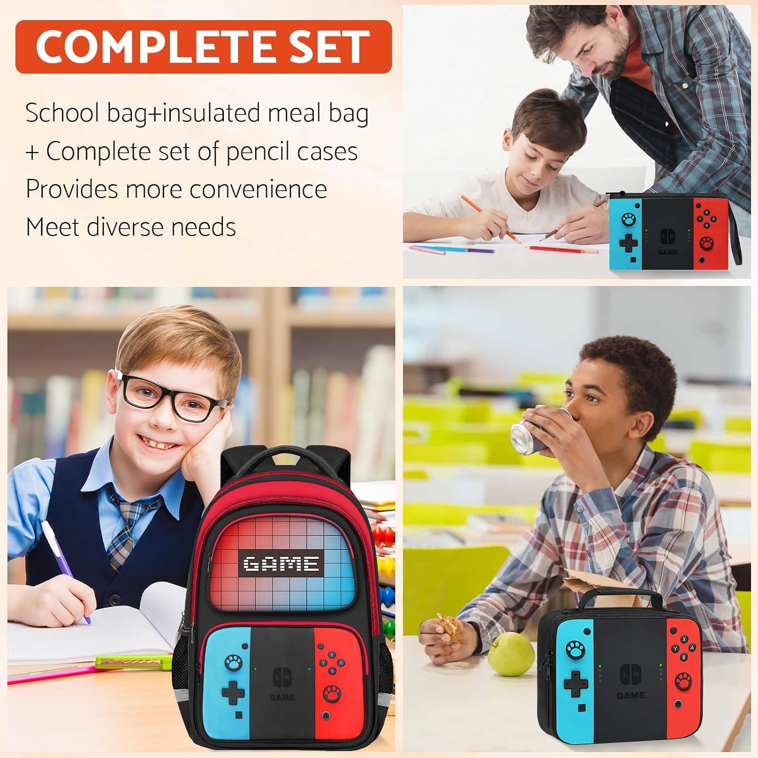 Gamer School Backpack Set with Lunch Bag and Pencil Case