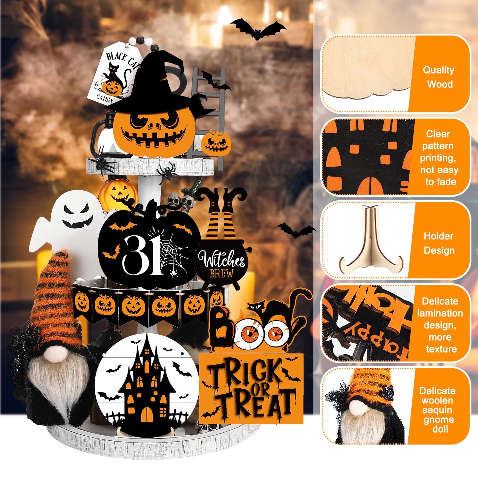 Halloween Tiered Tray Decorations Set (18 Pcs) 🎃 – Rustic Wooden Signs & Plush Gnome for Farmhouse Home Décor