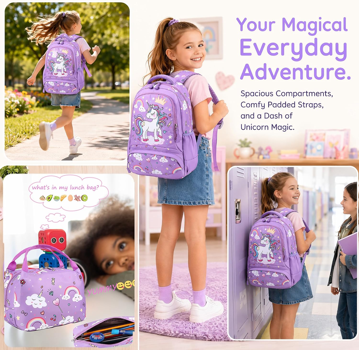 Purple Unicorn School Backpack Set with Lunch Bag