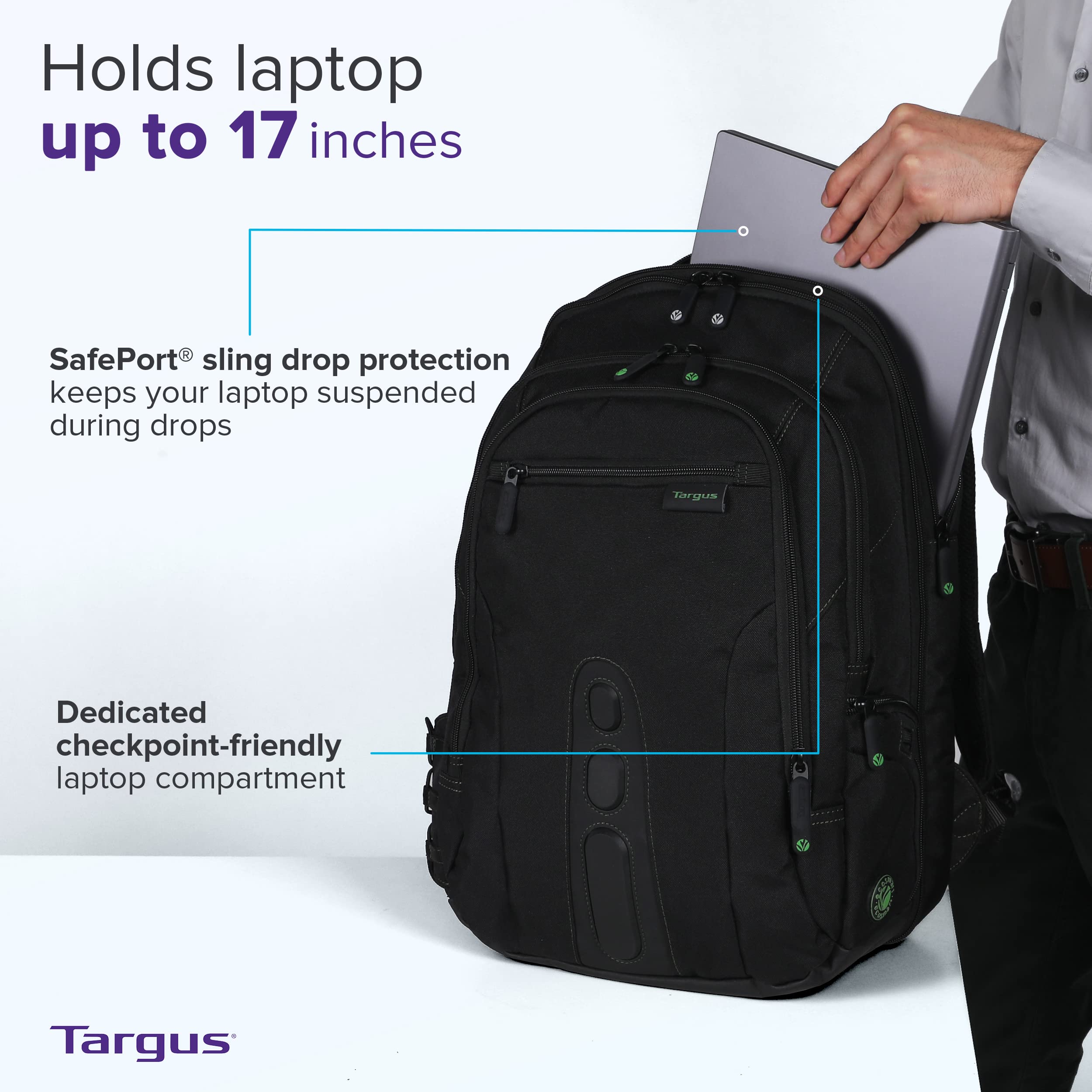 Targus Spruce EcoSmart TSA-Friendly Travel Laptop Backpack for 17 Inch Laptops, Carry-On Business Bag