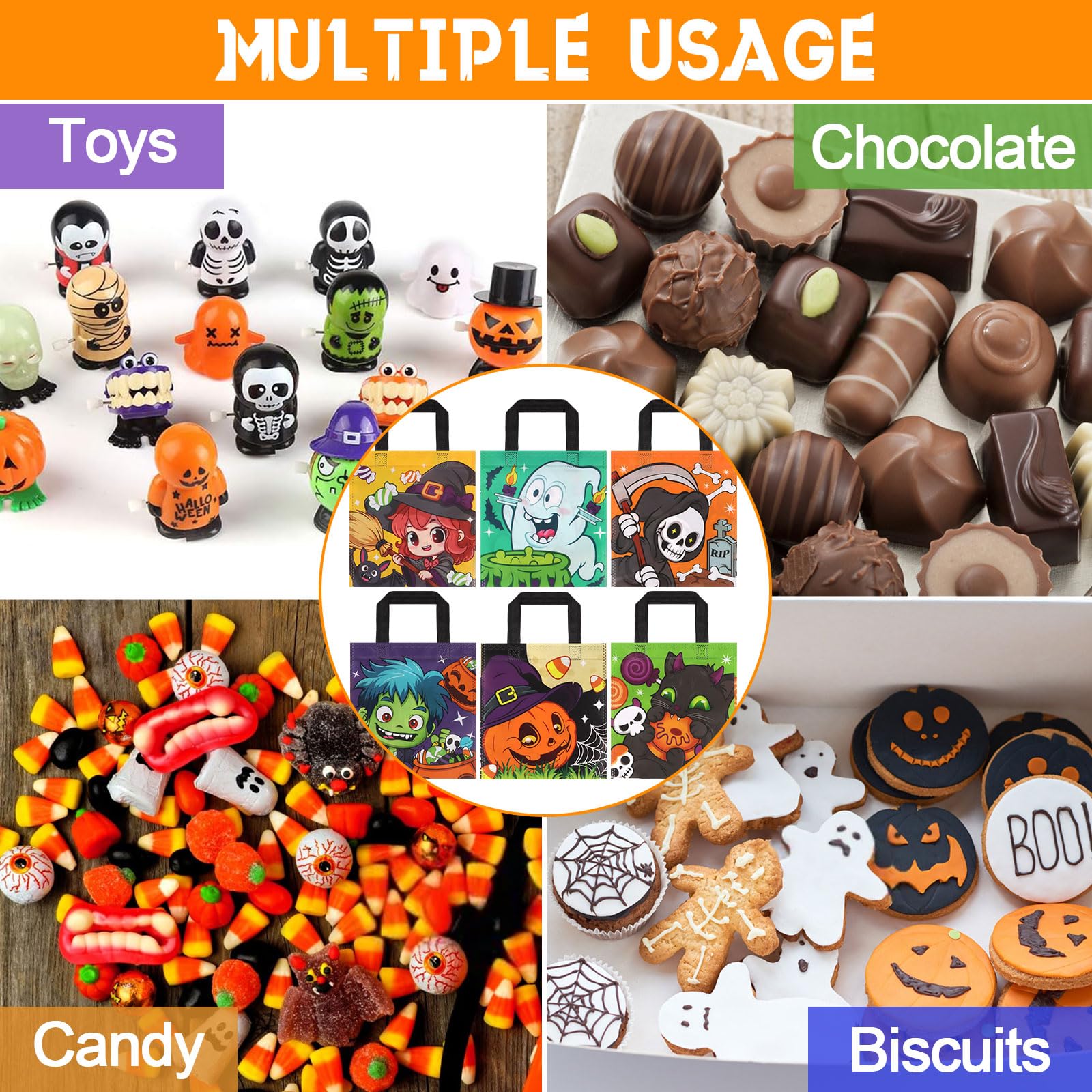 24-Pack Halloween Non-Woven Tote Bags – 6 Classic Designs (Pumpkin, Black Cat, Ghost) Reusable Trick-or-Treat Gift Bags