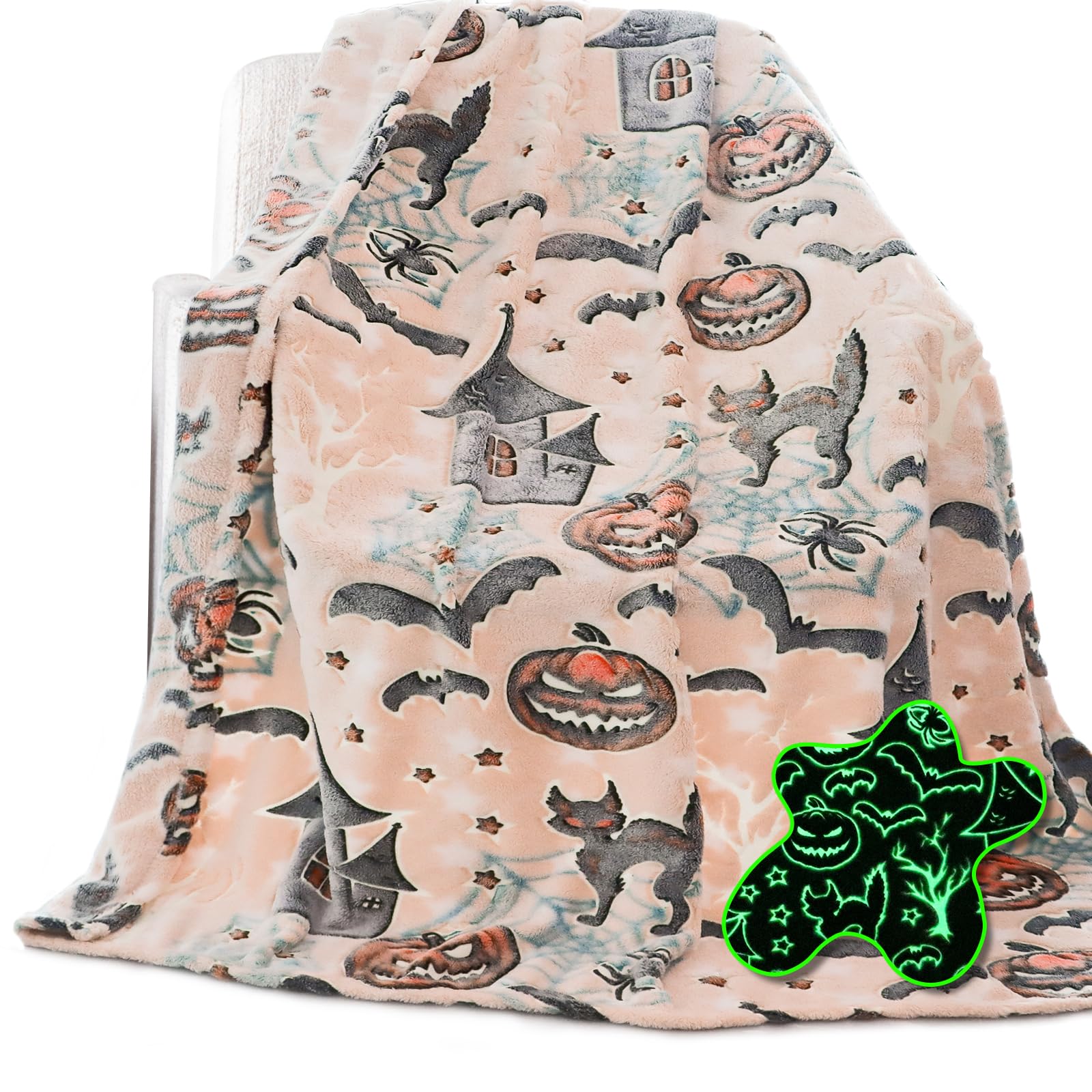 Glow in the Dark Halloween Blanket – Soft Flannel Pumpkin & Cat Throw Blanket for Kids & Adults (Skin Pumpkin)