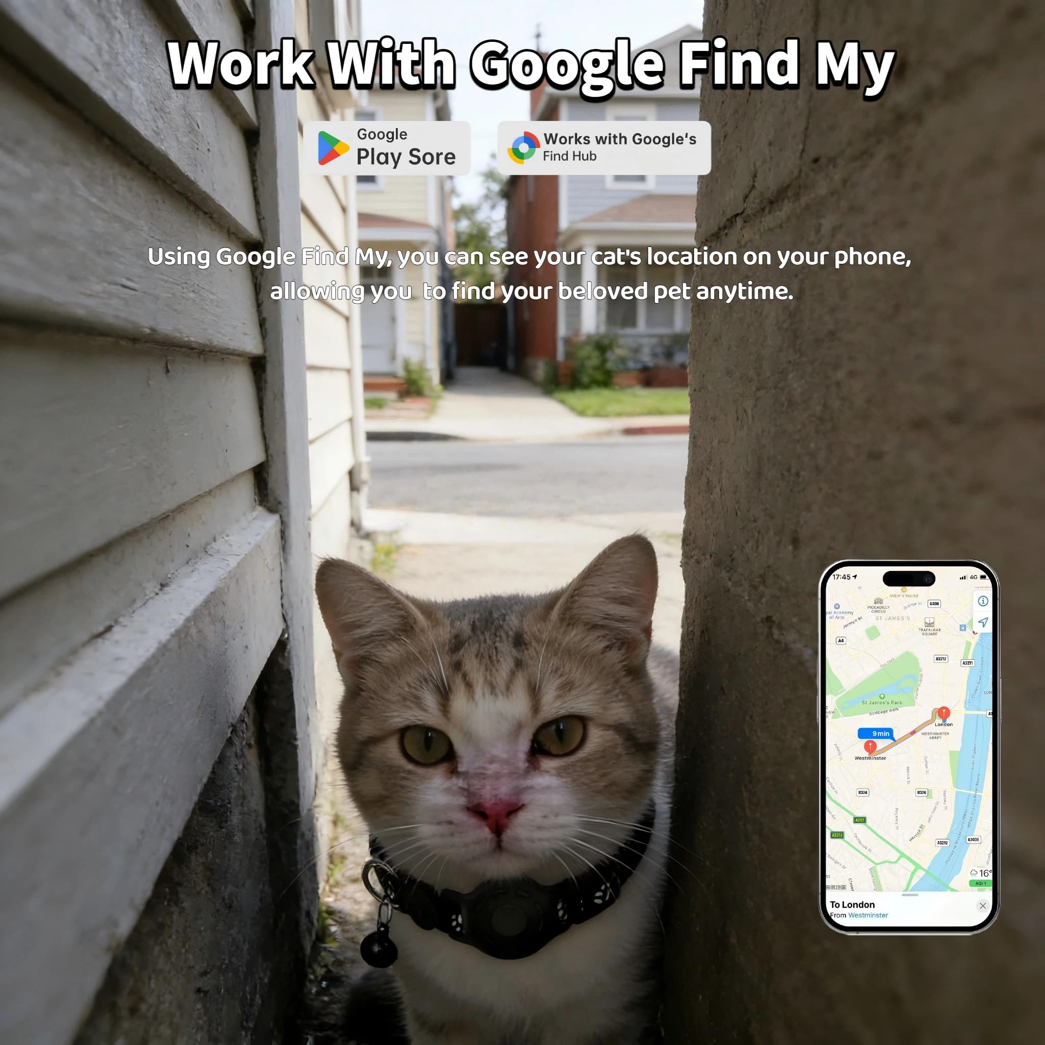 Android Cat GPS Tracker Collar, Waterproof Smart Pet Locator, No Subscription, Lightweight Find My Device Compatible Tracker