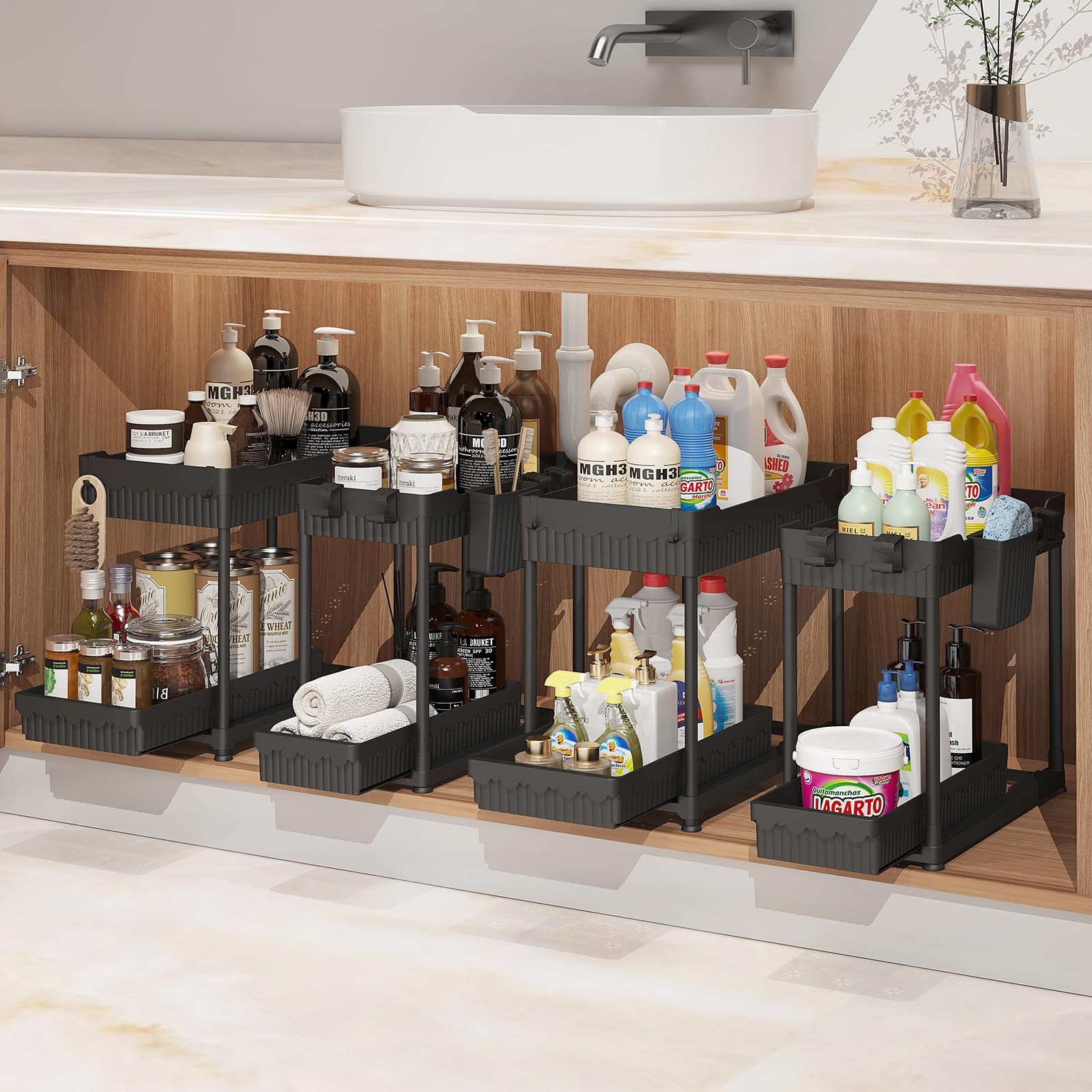 4-Pack Under Sink Organizer Set – 2-Tier Pull-Out Storage with Hooks & Cups (Black)