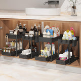 4-Pack Under Sink Organizer Set – 2-Tier Pull-Out Storage with Hooks & Cups (Black)