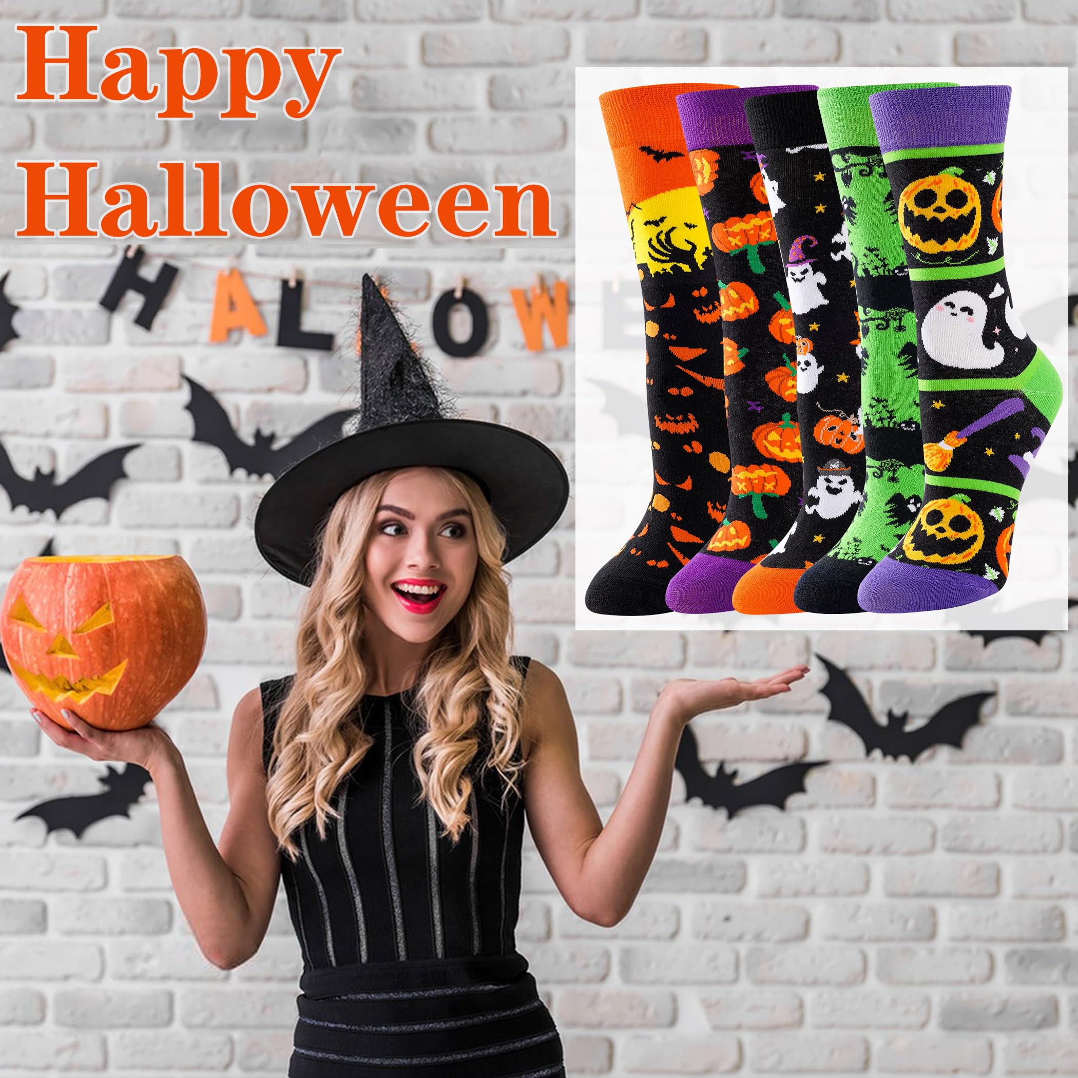 6Pairs Women’s Halloween Socks – Pumpkin, Ghost, Witch, Owl & Skeleton Crew Socks for Festive Comfort