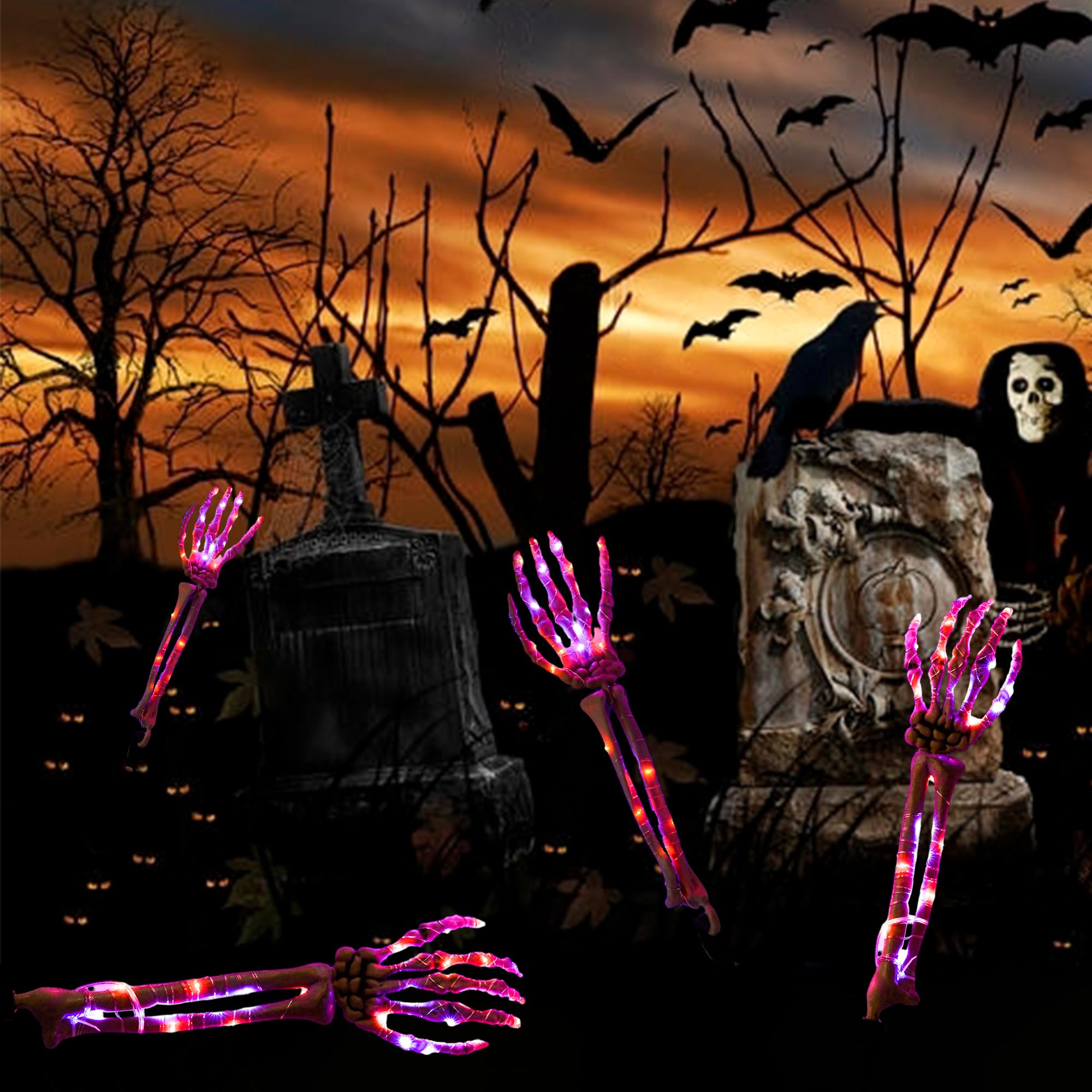 Purple & Orange Skeleton Arm Lights – Battery Powered Halloween Stakes with 8 Lighting Modes for Yard & Garden Décor