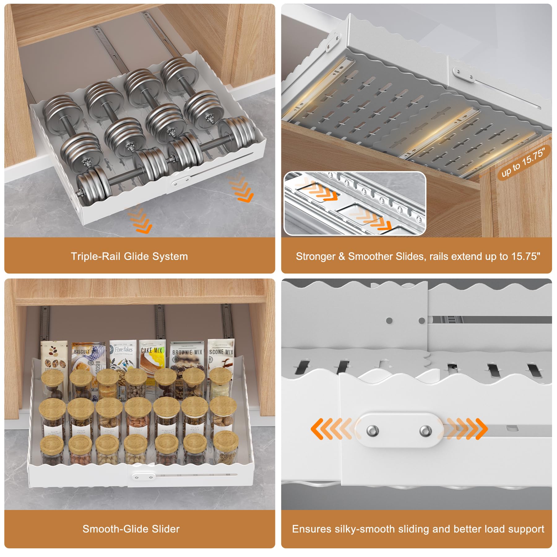 Expandable Pull-Out Cabinet Organizer – No-Drill Slide-Out Drawer with Adjustable Width & Depth for Kitchen & Pantry (White)