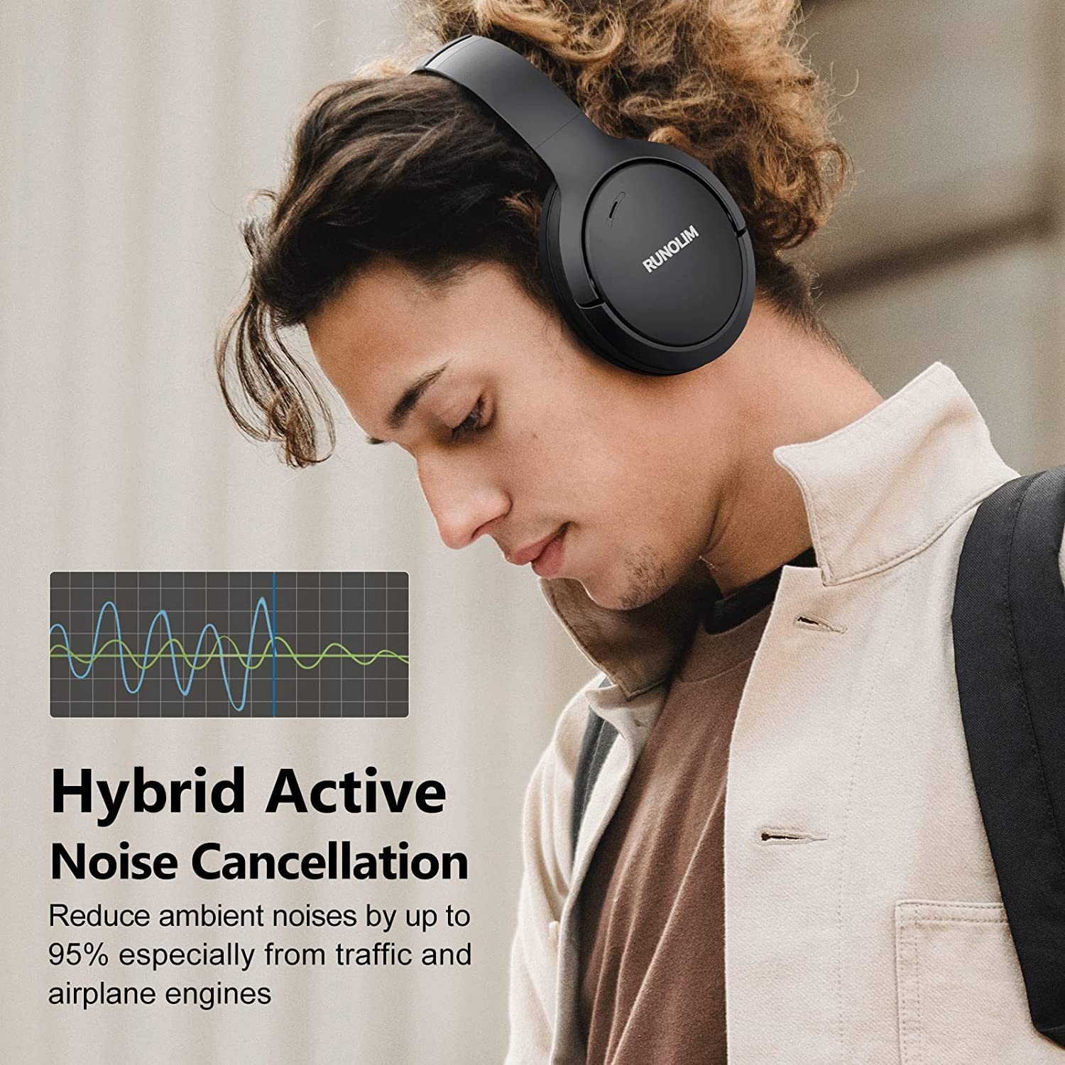 RUNOLIM Active Noise Cancelling Wireless Headphones with 70H Playtime & Hi-Fi Sound – Foldable Bluetooth Over-Ear Headset Black