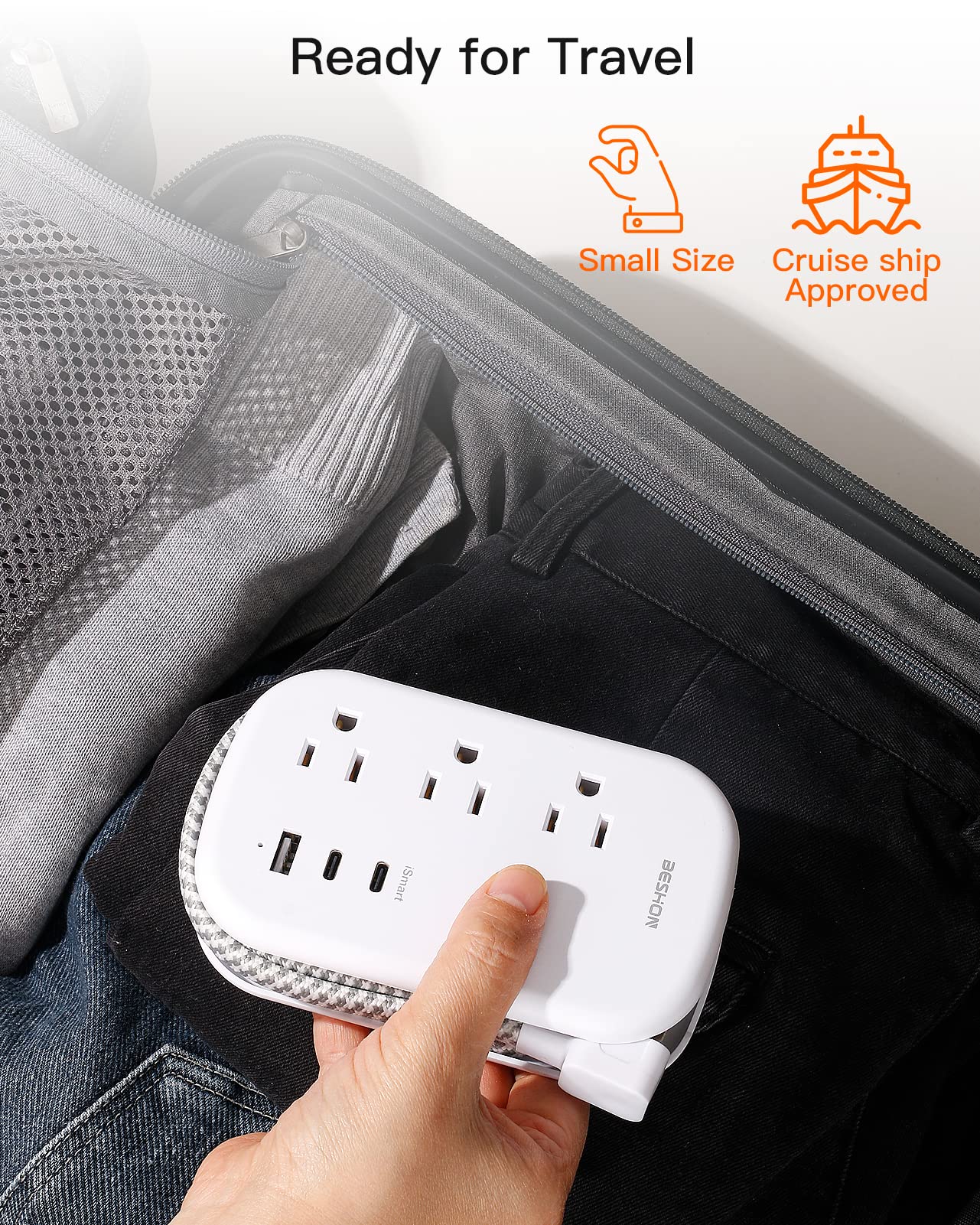 6-in-1 Travel Power Strip with USB-C – Flat Plug Extension Cord with 3 AC Outlets & 3 USB Ports