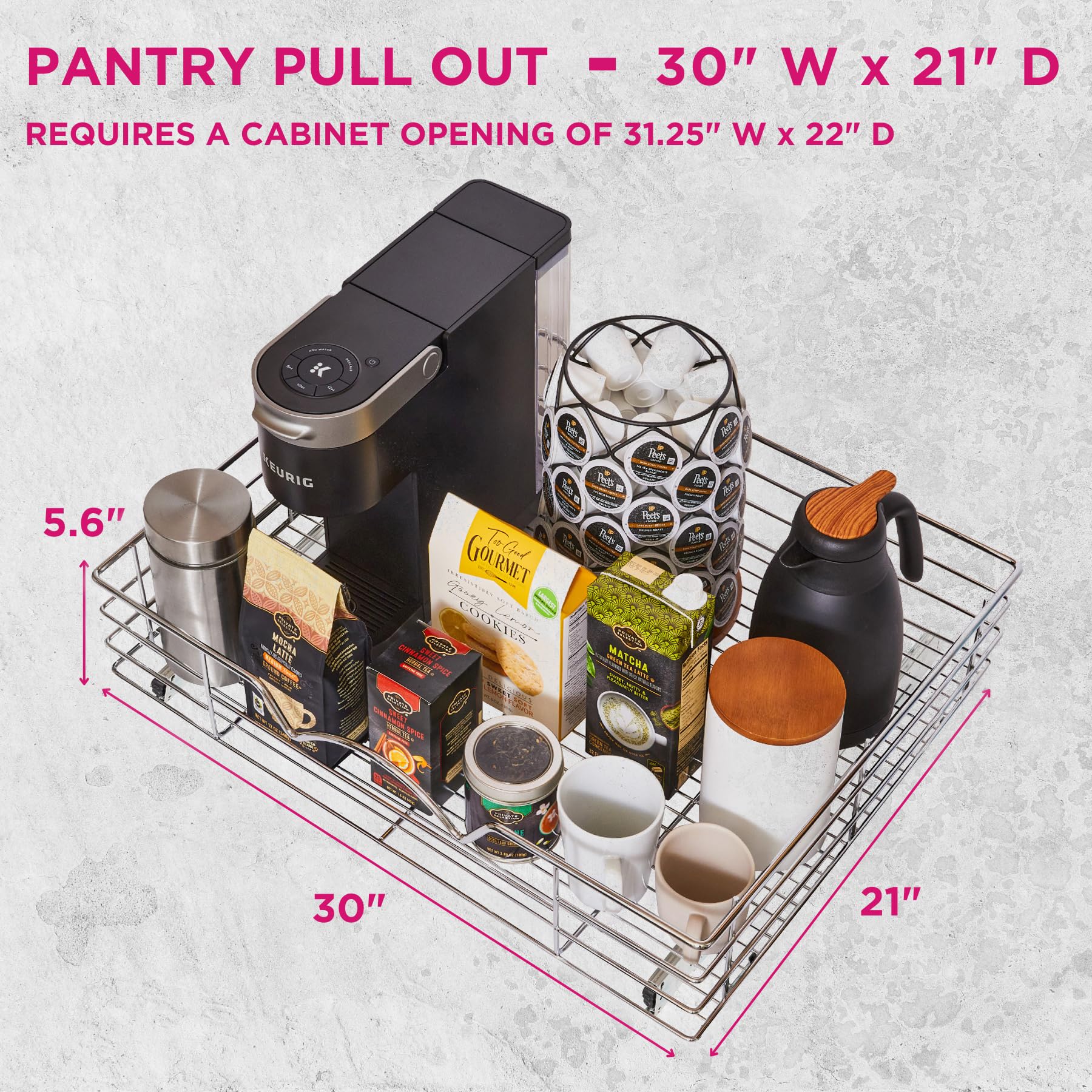 HOLDN Chrome Heavy-Duty Pull-Out Cabinet Organizer – Full-Extension Slide-Out Drawer for Large Base Cabinets (30” Width)
