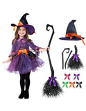 Purple Witch Costume for Girls – 5-Piece Halloween Dress-Up Set with Hat, Cape, Belt & Ribbon Broom