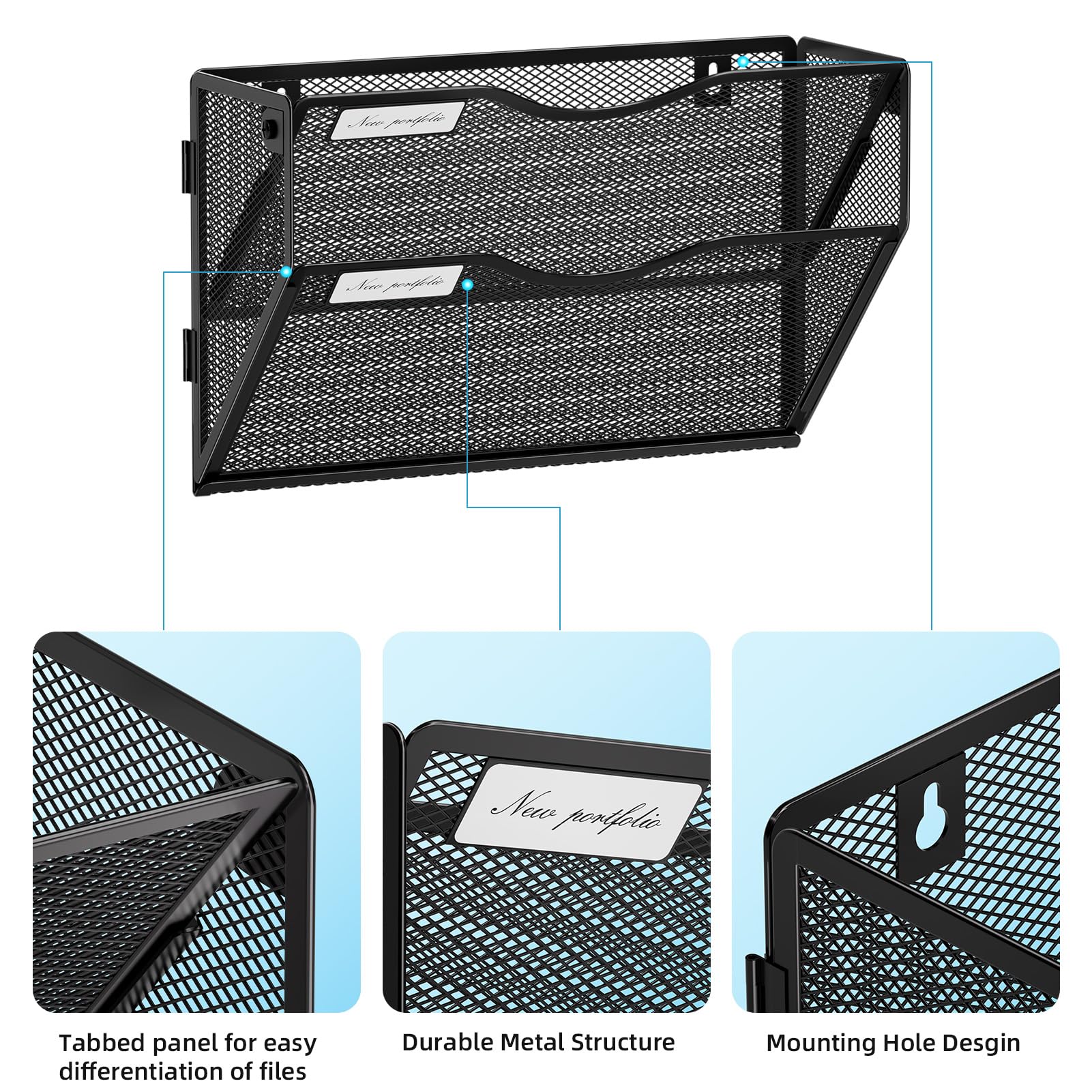 Marbrasse Wall-Mounted 2-Tier File Holder – Vertical Mesh Document & Mail Organizer for Office and Home (Black)