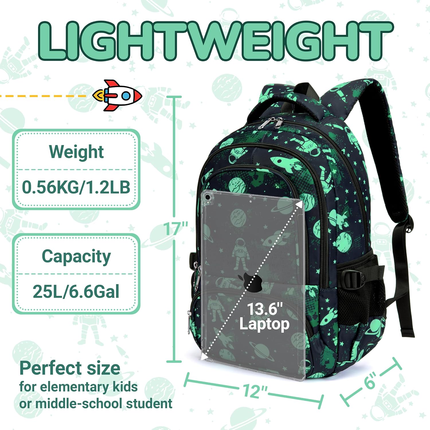 Black Green 17-Inch School Backpack with Laptop Sleeve