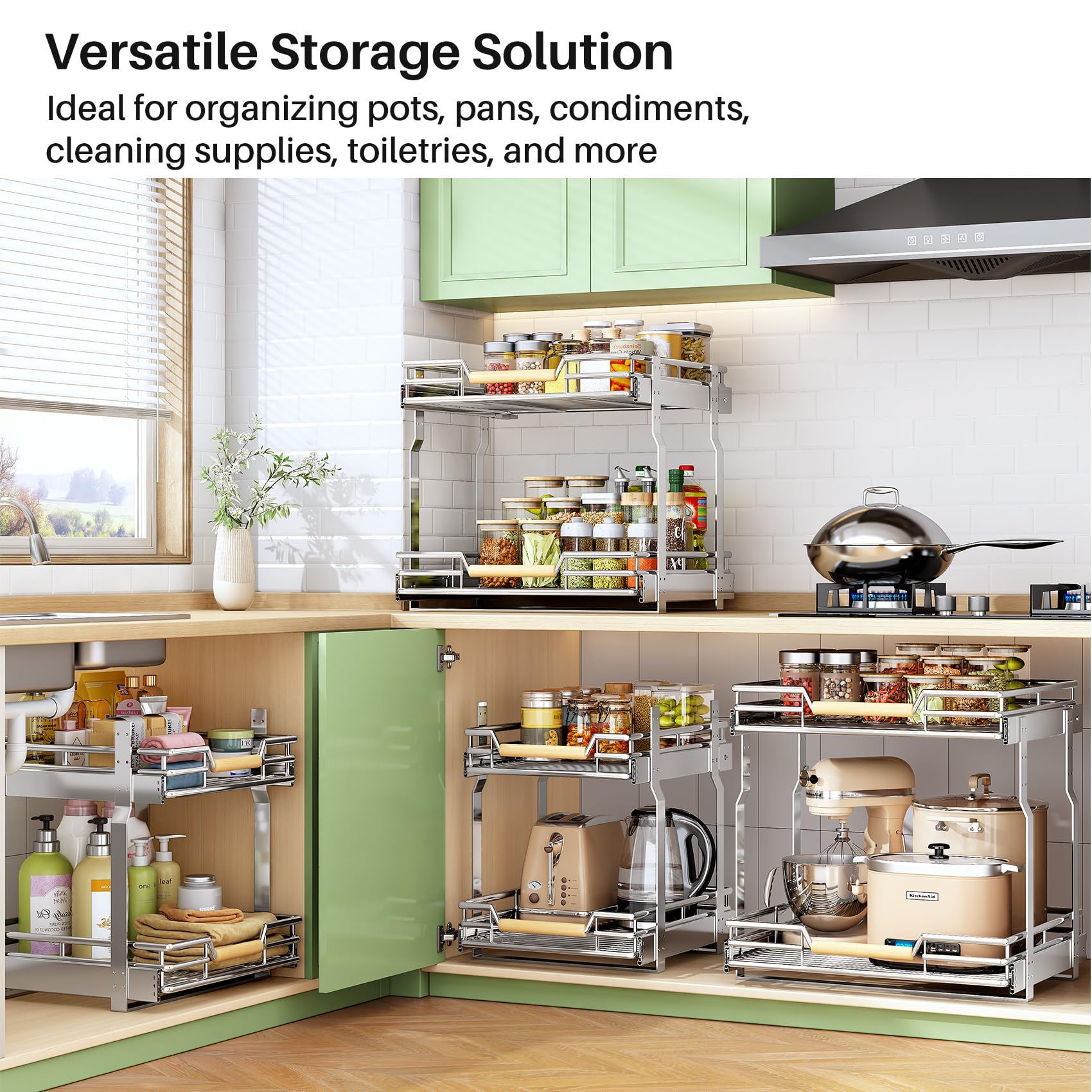 2-Tier Pull-Out Cabinet Organizer – Full-Extension Chrome Slide-Out Shelves with Wooden Handle