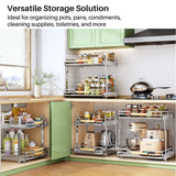 2-Tier Pull-Out Cabinet Organizer – Full-Extension Chrome Slide-Out Shelves with Wooden Handle