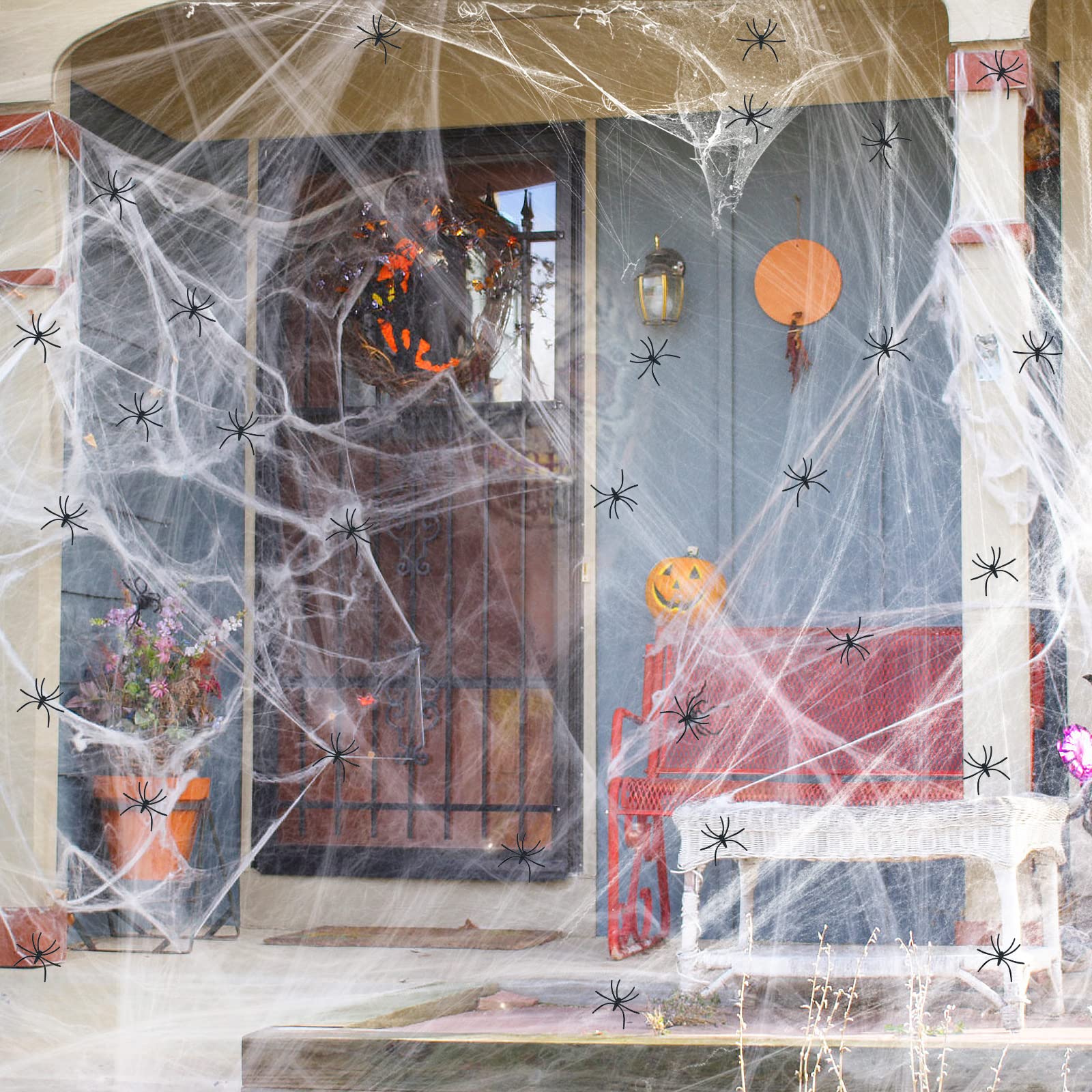 Giant Halloween Spider Web with 150 Fake Spiders – 420g Ultra-Stretch Cobwebs Covering 1400 sq ft, Indoor & Outdoor Haunted Decoration (White)